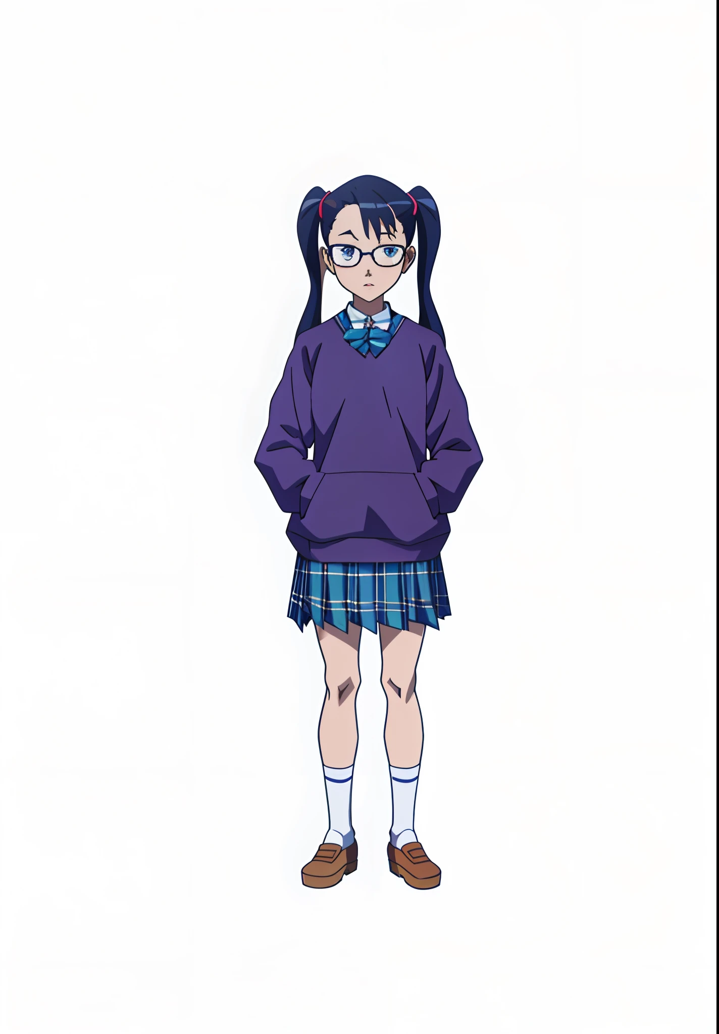 cartoon girl in a blue sweater and plaid skirt with glasses, single character full body, full body single character, young anime girl, nagatoro, flat anime style, anime full body illustration, anime moe artstyle, magical school student uniform, an anime girl, female anime character, various pose, full body character, anime character, anime visual of a cute girl