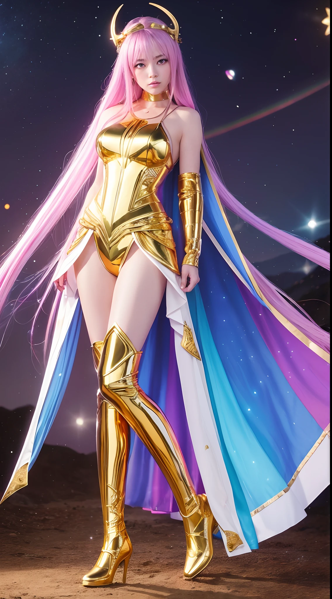 Rainbow-colored hair,long hair braid,(fully body photo), Full body character design,Smooth skin,Solo, 1 girl,standing on your feet,Night Moon Fluorescent Forest,fine art photography,(Movie Angle: 1.2),,(1 girl,Gold holy clothes),(Best quality, Detailed details, Masterpiece, offcial art, movie light effect, 16k),Gold Saint Seiya