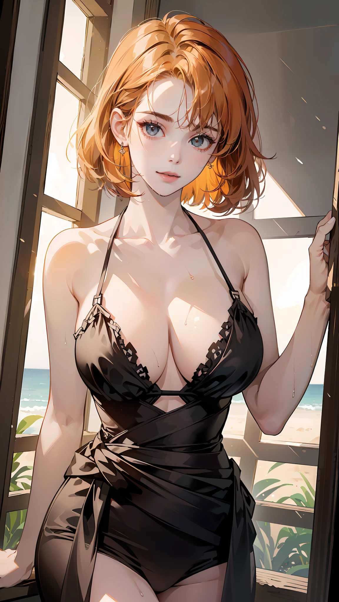 ((((masterpiece, best quality, high resolution)))), Extremely detailed 8K, Beautiful girl with slender body, (1girl:1.5), short wavy hair, bangs, (black eyes: 1.5), blunt bangs, orange hair, bob cut, (huge breasts: 1.2), cleavage, light smile, parted lips, open waist, glow, thighs, bare shoulders, collarbone, narrow waist, (symmetry eyes), (perfect symmetrical body), night, stary skies, beach, (((natural light))), backlighting, against grey wall, dim lighting, look at viewer, (((centered shot, from front, face and waist))), colorful bikini, dripping wet,