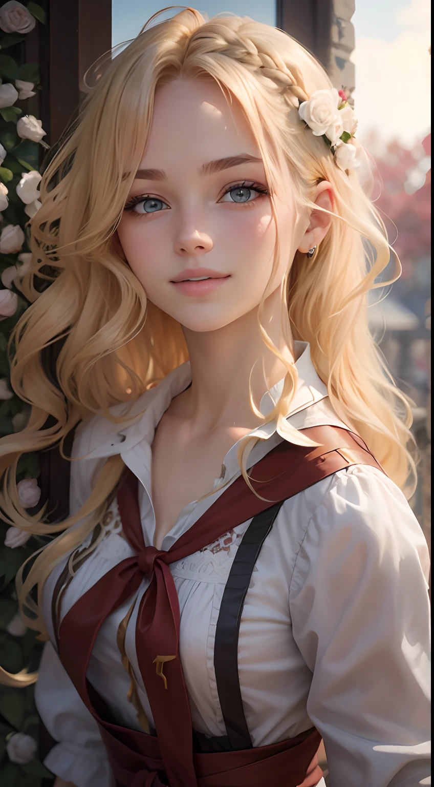 Full portrait photo from below of a beautiful 18-year-old girl with golden hair, posing next to a trellis of French roses, "Blue eyes, round breasts, bright toothy smile, slim waist, long white legs na..."