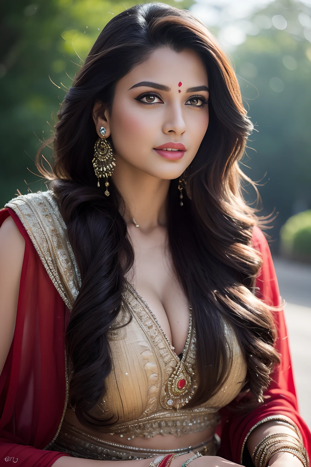 Portrait of A confident-looking indian woman with long flowing hair, hazel eyes, with topless flowing capes, sitting in the park, perfect composition, hyperrealistic, super detailed, 8k, high quality, trending art, trending on artstation, sharp focus, studio photo, intricate details, highly detailed, art by greg rutkowski