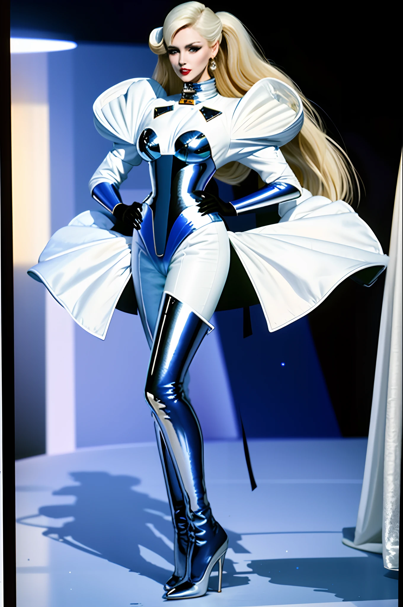 ((Masterpiece, Best quality,Edge quality)),face expressionless，Smug,(Space style，Solid white，greenish tinge，Full body photo of leaky girl standing,Photos of the catwalk from head to toe，High heels,Exaggerated Y2K shoes liquid metal fittings)
edgTM, a woman on the ((Vintage spacesuit)) Stand on the catwalk ,Wearing edgTM_In fashion style, Wacky costumes，Peculiar dress-up