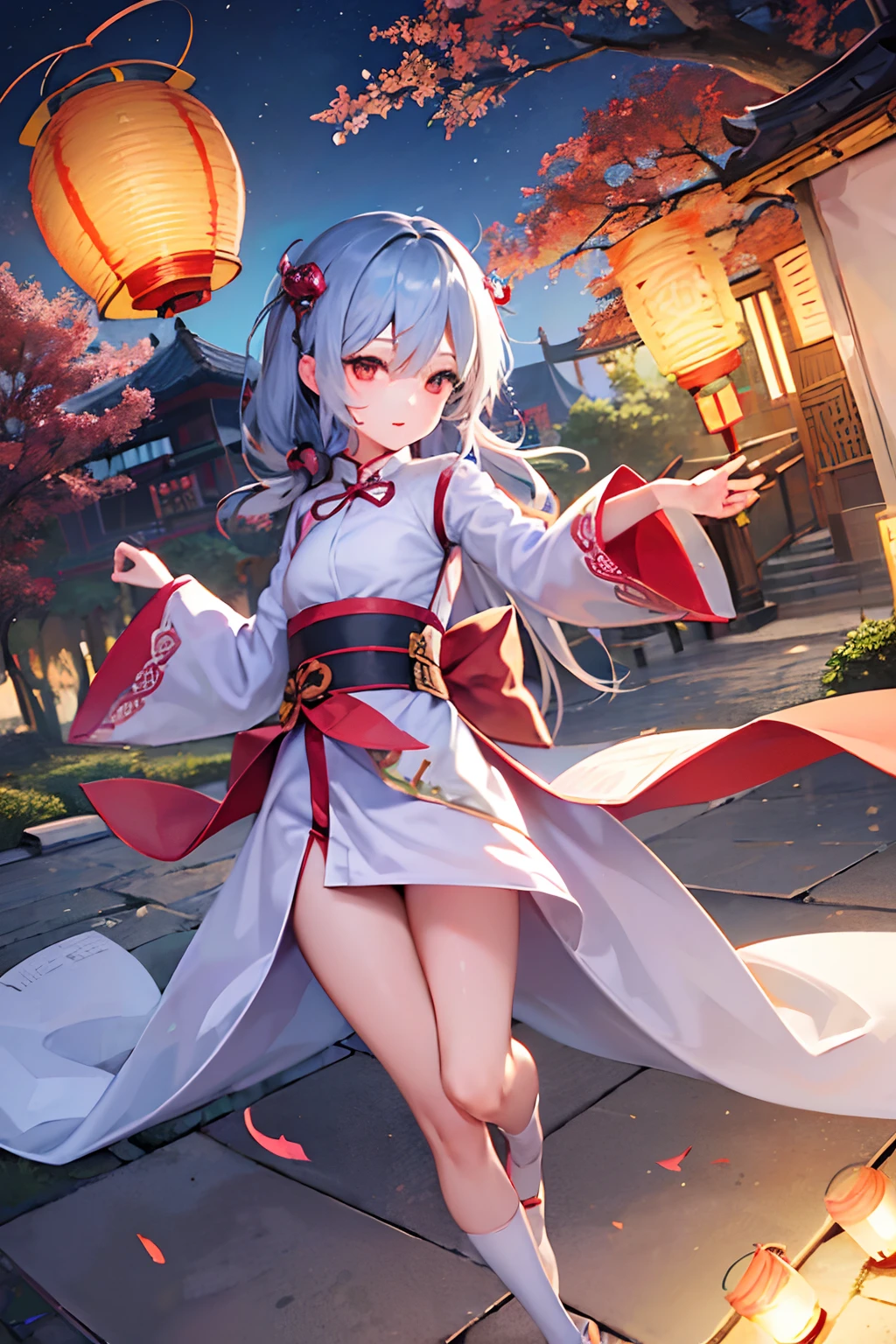 Official art, Unity 8k壁纸, ultra-detailliert, Beautiful and aesthetic, masutepiece, Best Quality, (fire, Water, bow ribbon, paper cutting), (Fractal Art:1.3) 1girl in,building, (Solo:1.5), Chinese_Clothes, skyporn, Outdoors, wide_sleeves, Black_hair, Sunset, (Falling_Leaves:1.2), Antin, (paper_lantern:1.5),Blue sky, (Outdoors:1.5),Hanfu, (Rainbow Candy:0.8), (style-swirlmagic:0.8),