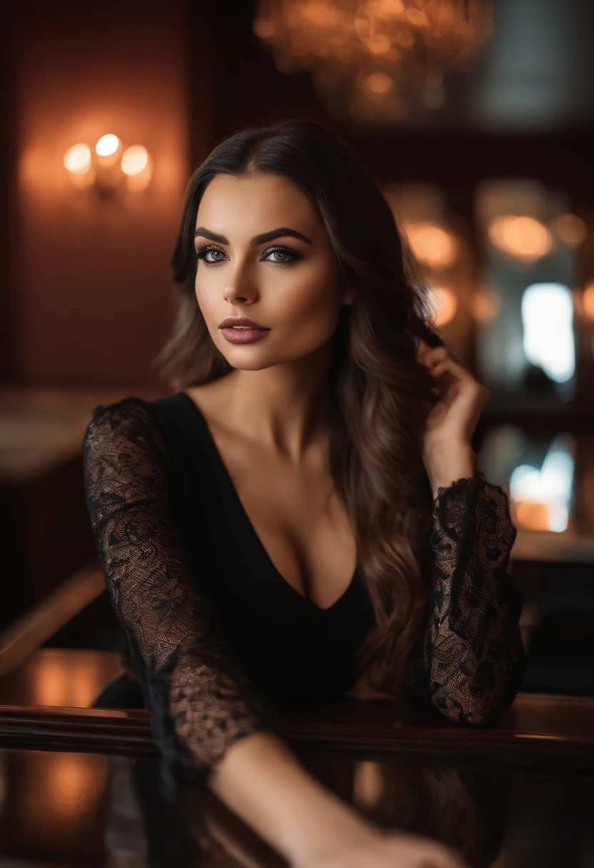 arafed frau mit schwarzen sexy atraktiven kleidung, Sexy girl with brown eyes, portrait sophie mudd, black hair and large eyes, Selfie einer jungen Frau, Augen im Schlafzimmer, Violet Myers, ohne Make-up, Natural makeup, Blick direkt in die Kamera, Gesicht mit Artgram, dezentes Make-up, Stunning full body shot, in einem Hotelbar, Spaltung