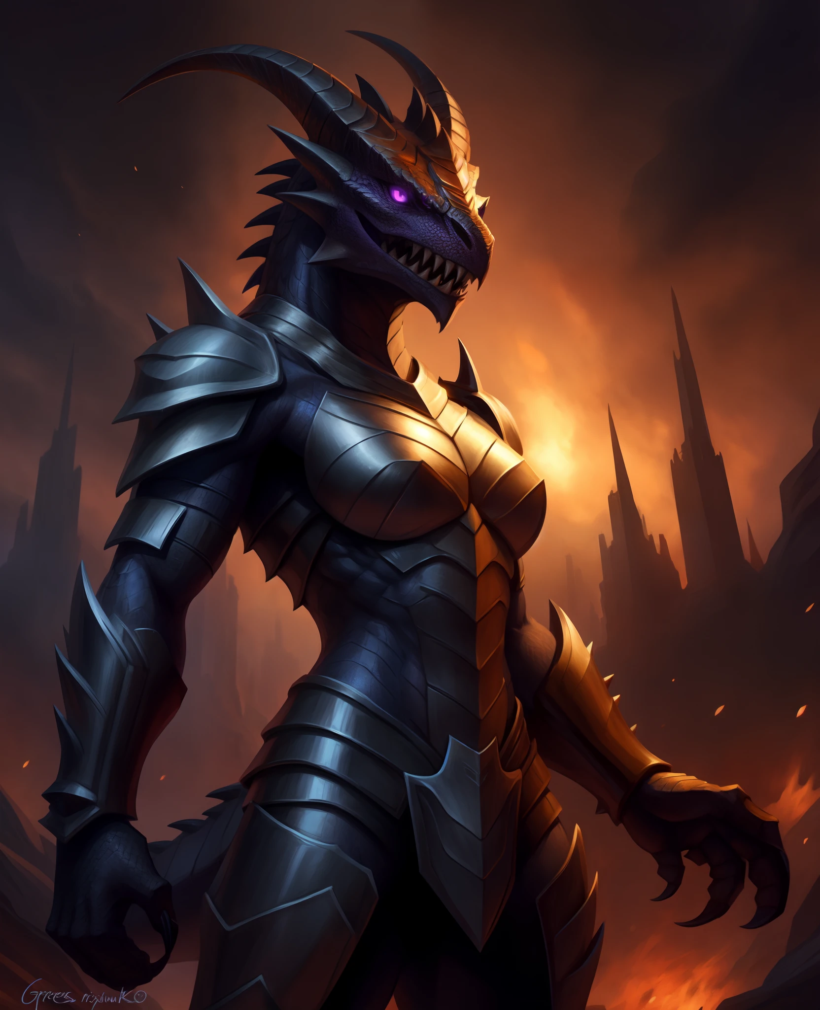 dragonborn, solo, purple eyes, upper body, horns, teeth, armor, glowing, sharp teeth, glowing eyes, spikes, embers
, ((masterpiece, best quality)), art by greg rutkowski