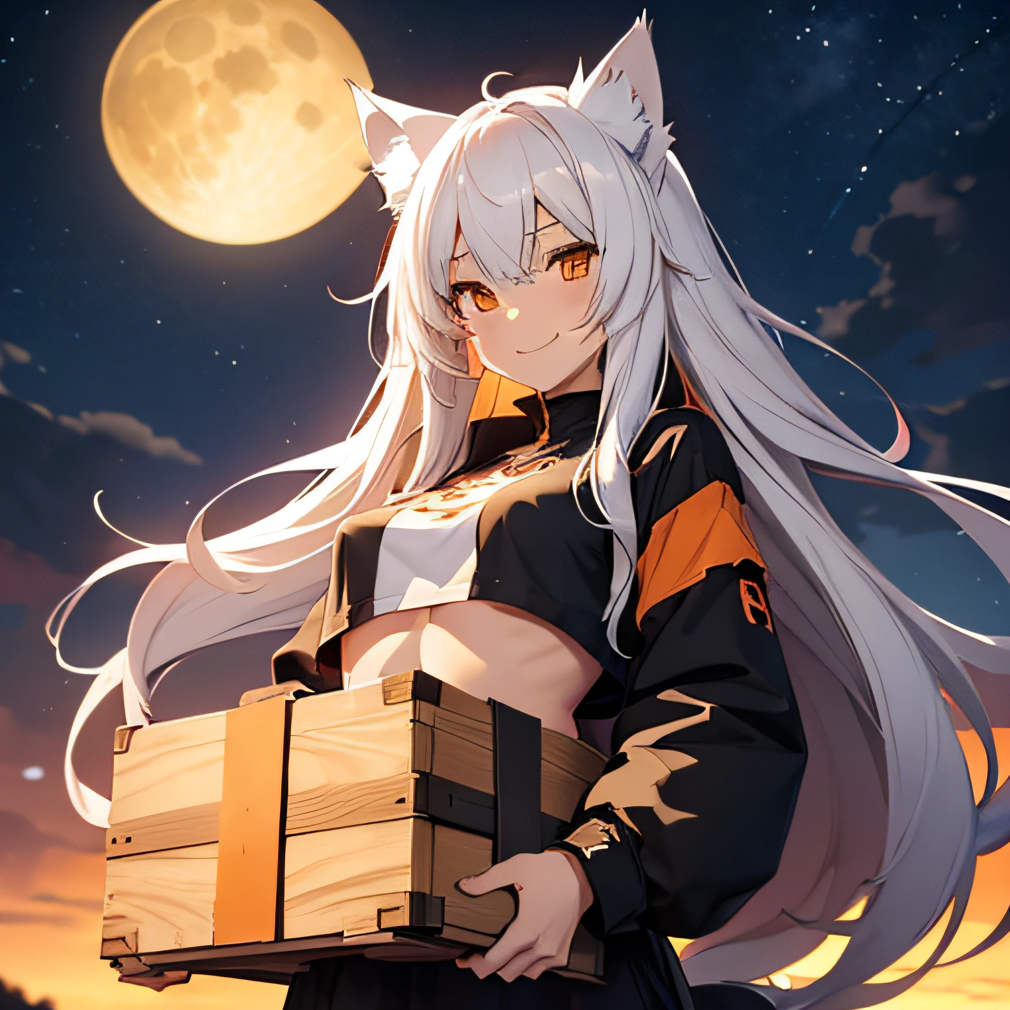 anime girl with long hair and cat ears smiling, holding a small rectangular crate under chest, top of breasts exposed, small breasts, crop top, white hair with orange and black streaks, fine details, countryside night sky background