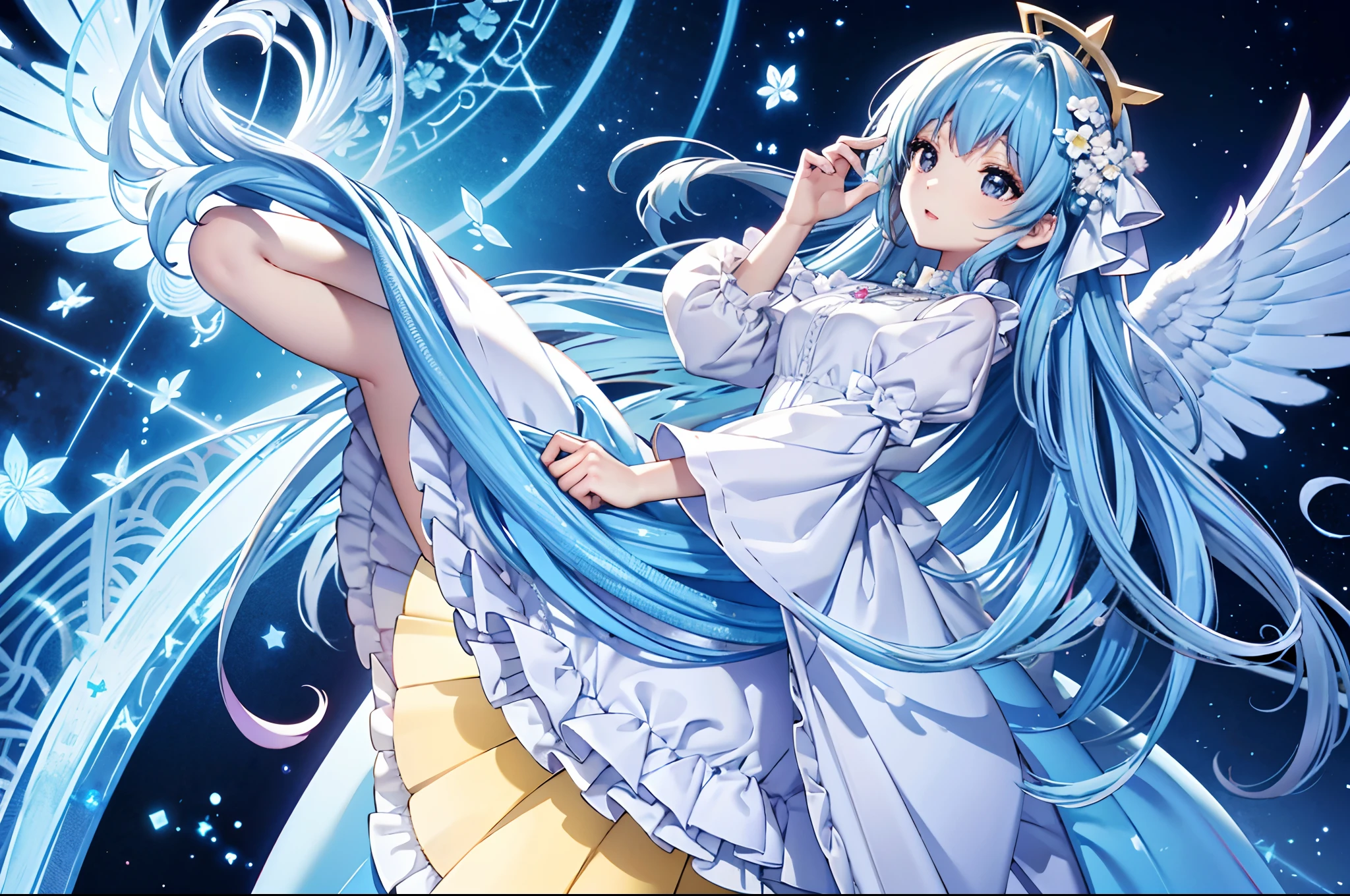 Angel wings shining in seven colors、Kawaii Girl、Light blue long hair、Twin-tailed、Colorful angel costume、((top-quality))、((​masterpiece))、(ighly detailed、highestdetailed、Official art、Beautifully Aesthetic:1.2)