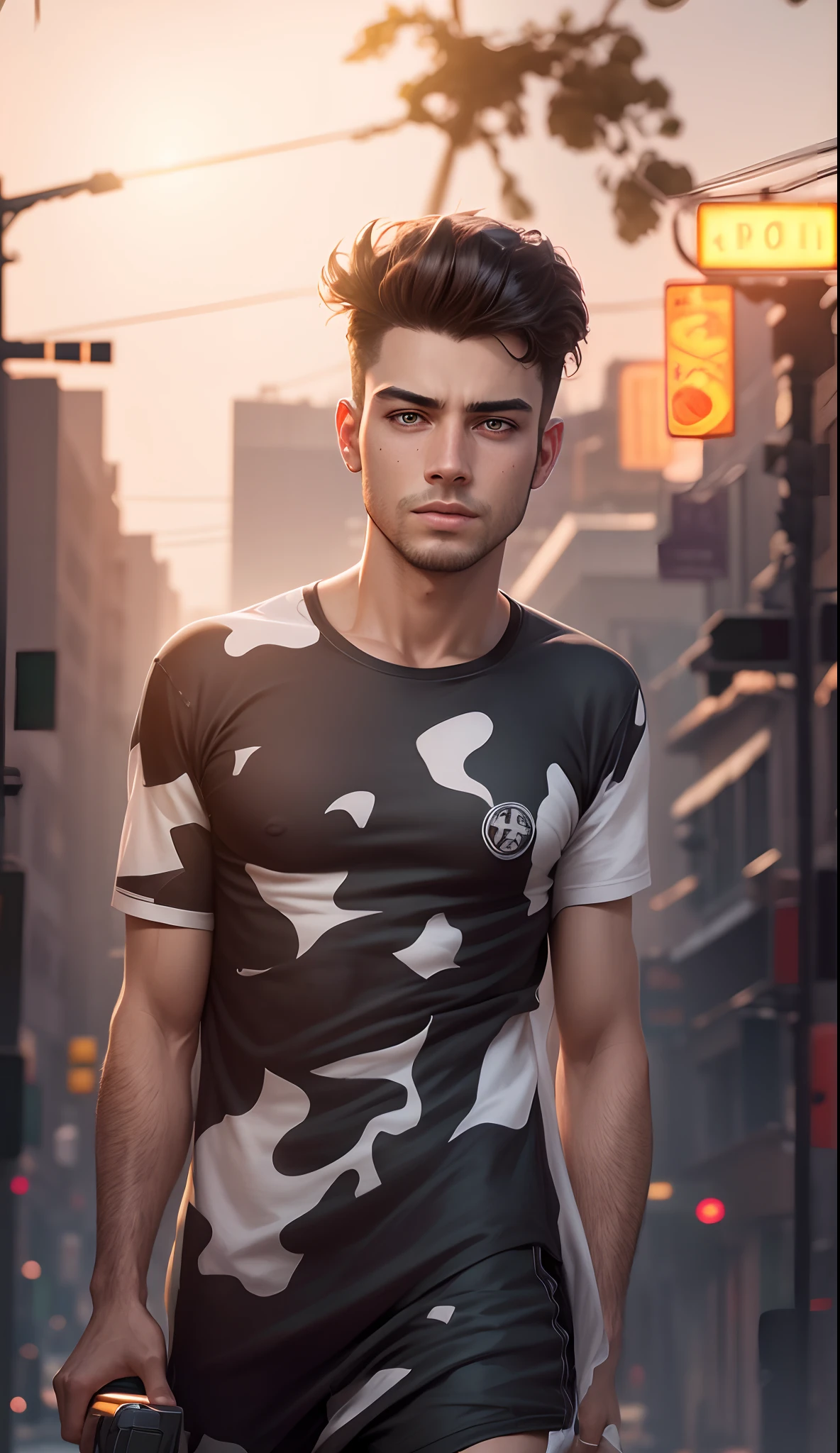 Syberpunk handsome boy, change background, realistic (face not change), high details,row image, Hollywood city,4k ultra HD