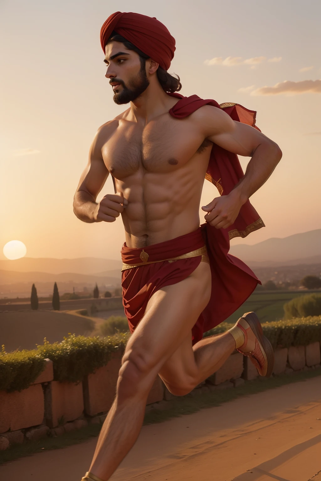 Year: 11th century. Location: Ispahan. Pre-raphaelite scene with a 22-year-old persian man, running in a race, shirtless, ((carcaj)), turban, finish line, glory and joy, sunset, ((11th century hairstyle)), (((cinematic style)))