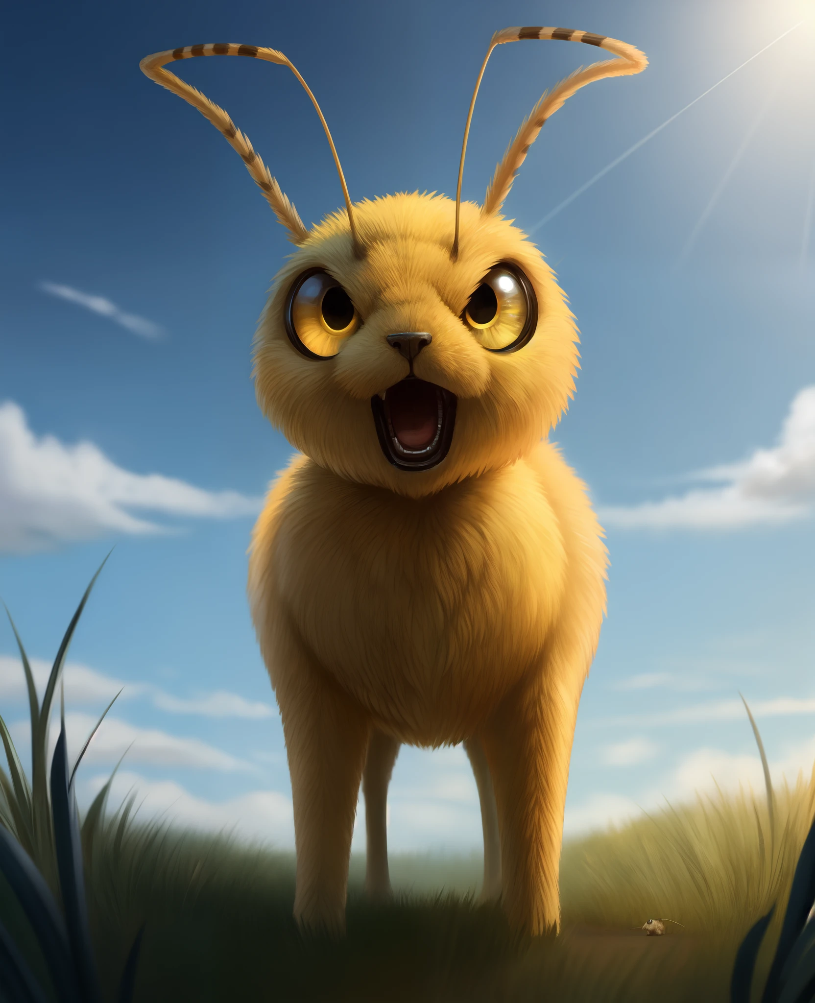 no humans, face focus, , antennae, open mouth, , outdoors, full body, yellow eyes, looking at viewer, animal focus, one-eyed, sky, standing