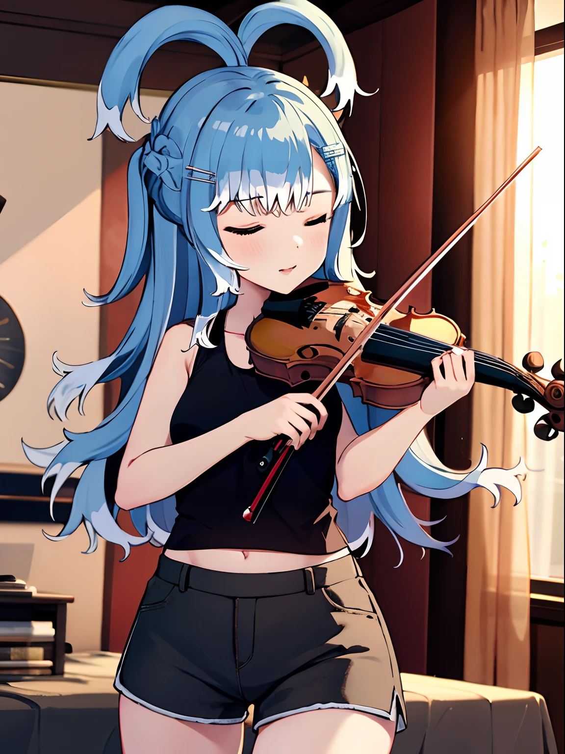 Wearing black tanktop, black hotpants, Holding the violin, closing eyes, inside room