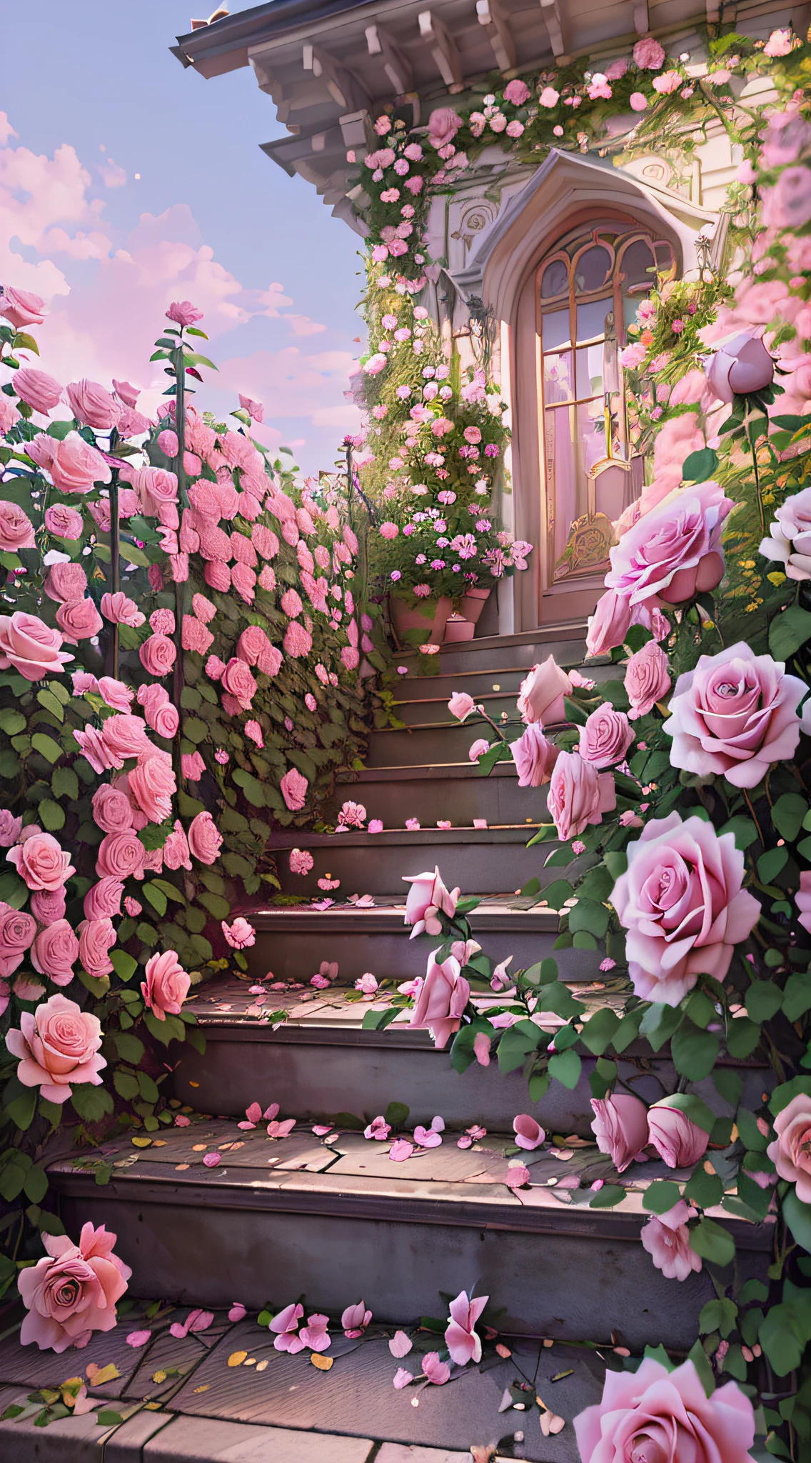 The steps of the house grow pink roses, 🌺 CGSesociety, roses in cinematic light, with soft pink colors, rosette, Rose garden, looks realistic, illusory engine ; romantic motifs, portal made of roses, realistic scene, alexey egorov, rosses, hyper realisitc, Rose background, ( Ultra photo realsisim, photo realistic style