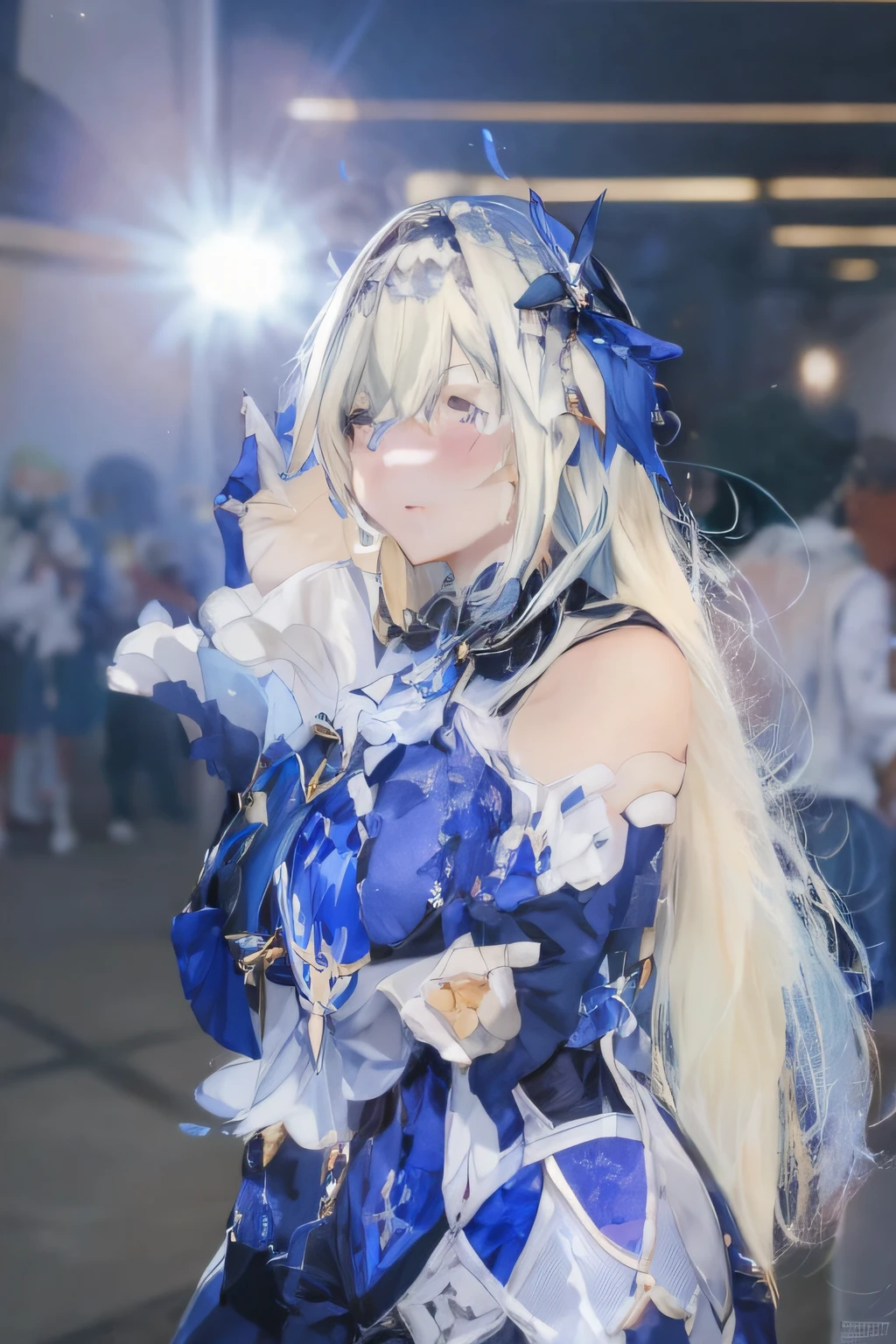 Blonde woman in costume poses for a photo in the crowd, Anime cosplay, Anime girl cosplay, cosplay, rpgmaker, cosplay foto, ahegao, professional cosplay, Gorgeous Role Play, hanayamata, Loli, Ayaka cosplay, Shot on Canon EOS R 6, elegant glamourous cosplay, sakimichan frank franzzeta, azur lane style