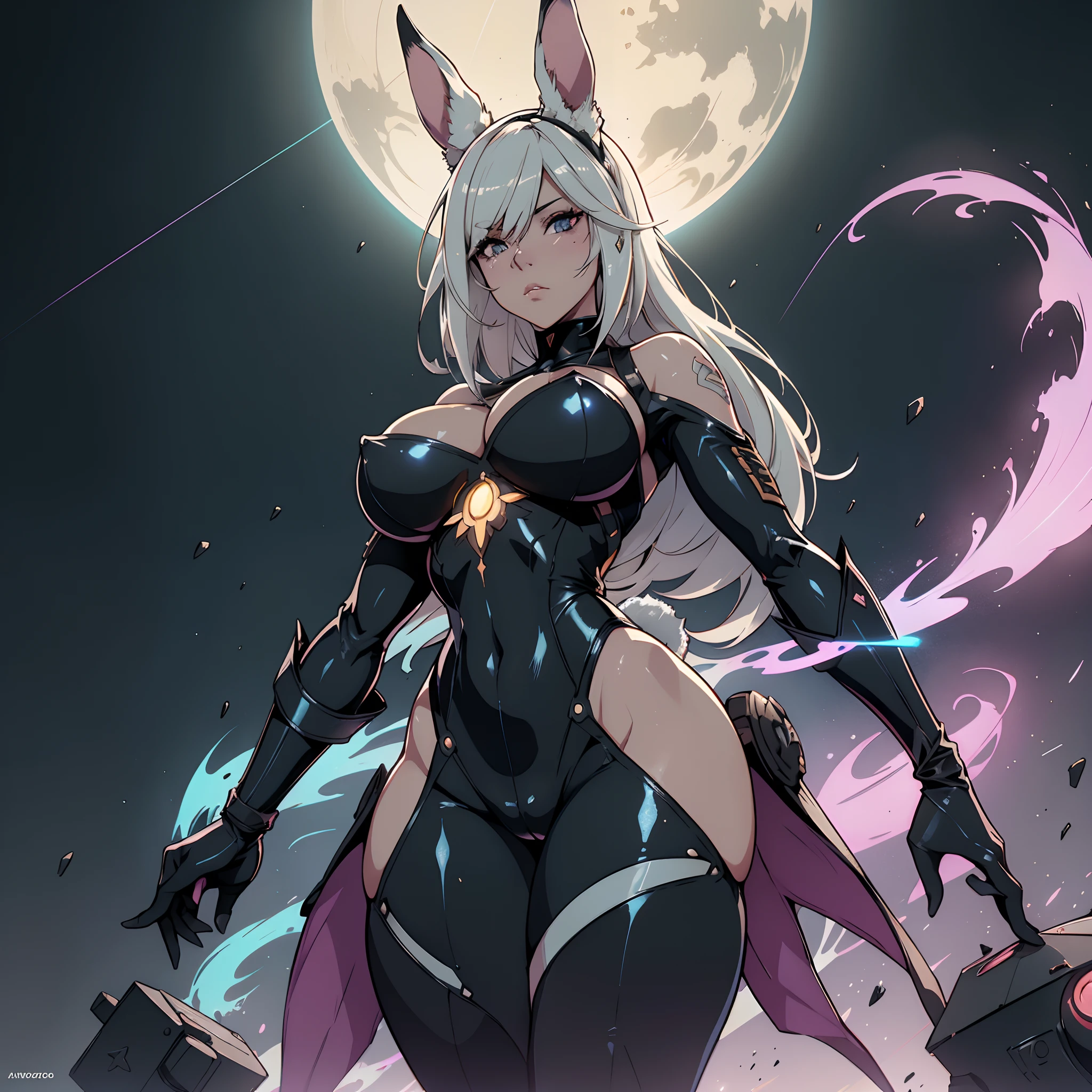 (1980s anime), nier 2b, nier automata, rabbit woman, fran the viera, fran from final fantasy 12, sorrowful, ink splash cgi, viewed from below, ahri, kda ahri, opalescent, holographic, neon chalk, ink splash art, eclipse, an island scape, superstar, popstar, cosmic stars, star dust, a drawn digital upload heavy color pencil and coal dust chalk dust, fox ears, bodysuit, warframe, star dust trails, the end of evangelion