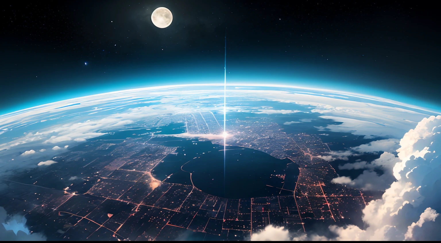 A beautiful shiny interstellar city in the clouds surrounded by clouds under a full moon| It is a stunning screensaver| The city is a space port city| It is absolutely outstanding| The city looks like something out of a science fiction movie