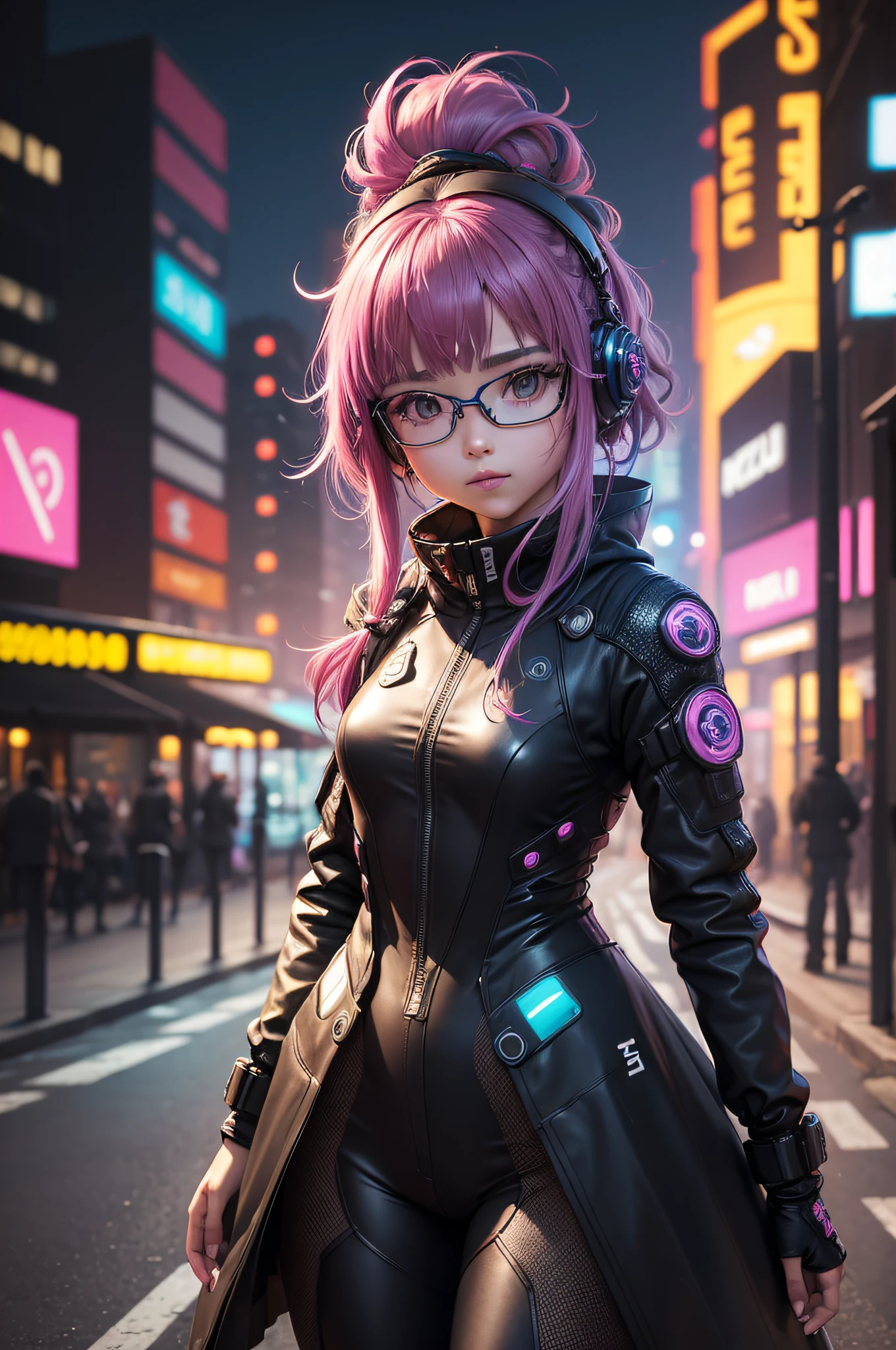 ((cyberpunk)),optical camouflage、virtual reality glasses、Neon light、cidade do futuro、Shiny jumpsuit、(1girl em, sozinho:1.6),(sorriso bonito),(The clothes are simple), (Melhor Impacto:1.5), (maximalismo:1.7), Vivid contrast, (Realistic), Hyperrealistic illustrations, alta resolução, ultra-detalhada, absurdos,(Arte Fractal:1.3)、Hairstyle Random、Random colored hair color、TIRO DE CORPO INTEIRO、retro、foco preciso、randome pose、cinema4d、Drama