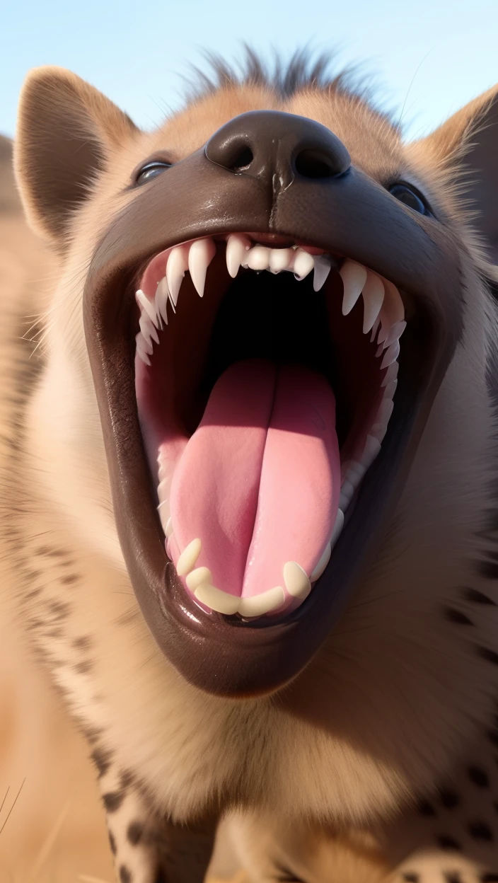 Hyena furry with a detailed and pink mouth open trying to eat, first person perspective,