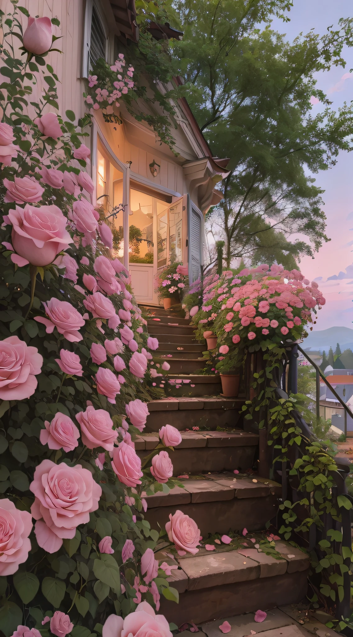 The steps of the house grow pink roses, Beautiful and aesthetic, dreamy aesthetic, with soft pink colors, in a cottagecore flower garden, Rose garden, rosette, nature and floral aesthetics, cottagecore, 🌺 CGSesociety, cottagecore!!, cottagecore flower garden, aesthetics, Beautiful image, beautiful aesthetic