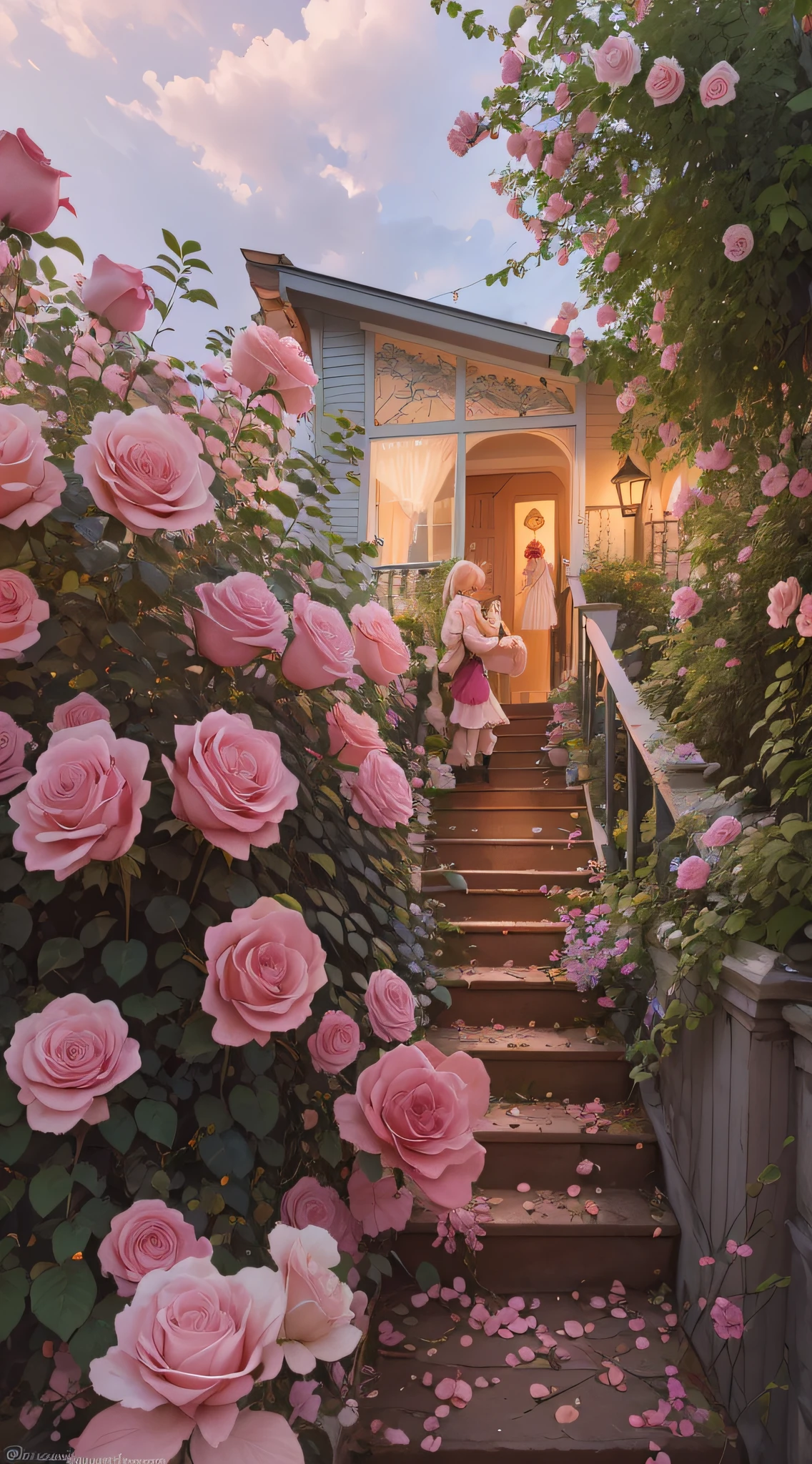 There is a staircase leading to a house with pink roses, Beautiful and aesthetic, cottagecore, roses in cinematic light, alexey egorov, author:Rhea Cami, in a cottagecore flower garden, author:Alexander Kucharisky, cottagecore!!, author:Igor Grappa, Rose garden, cottagecore flower garden