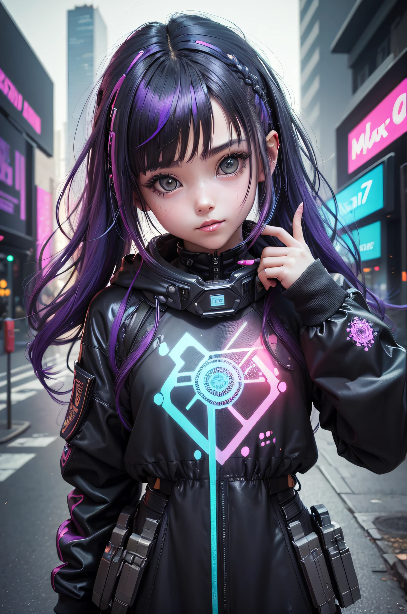 ((cyberpunk)),optical camouflage、virtual reality glasses、Neon light、cidade do futuro、Shiny jumpsuit、(1girl em, sozinho:1.6),(sorriso bonito),(The clothes are simple), (Melhor Impacto:1.5), (maximalismo:1.7), Vivid contrast, (Realistic), Hyperrealistic illustrations, alta resolução, ultra-detalhada, absurdos,(Arte Fractal:1.3)、Hairstyle Random、Random colored hair color、TIRO DE CORPO INTEIRO、retro、foco preciso、randome pose、cinema4d、Drama