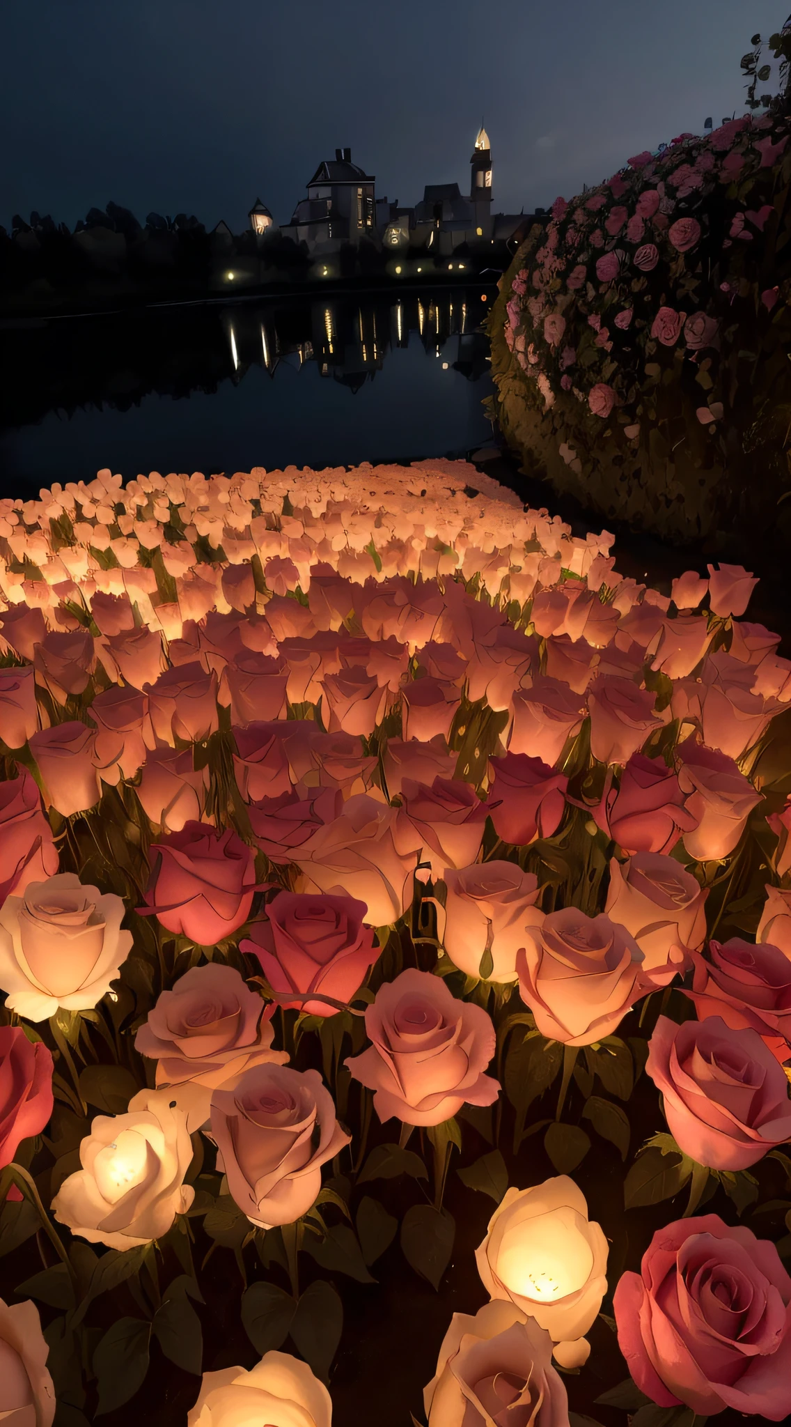 Flowers light up in the fields,There is a candle in the middle, Glowing flowers, Luminous flowers, rose pink lighting, lights with bloom, field of flowers at night, soft bloom lighting, roses in cinematic light, beautiful light up, beautifully lit, Floating lanterns, melanchonic rose soft light, lamps and flowers, light bloom, Soft outdoor lighting, Floating lights, romantic lighting