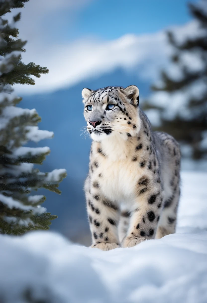 Posters for scientific research journals, Protect the earth's ecology, White snow-capped mountains, Nature views, A cute little snow leopard frolicks in the snow, snowflakes falling, blue open sky, atmosphric perspective, mystical forest, 超高分辨率, Attention to detail