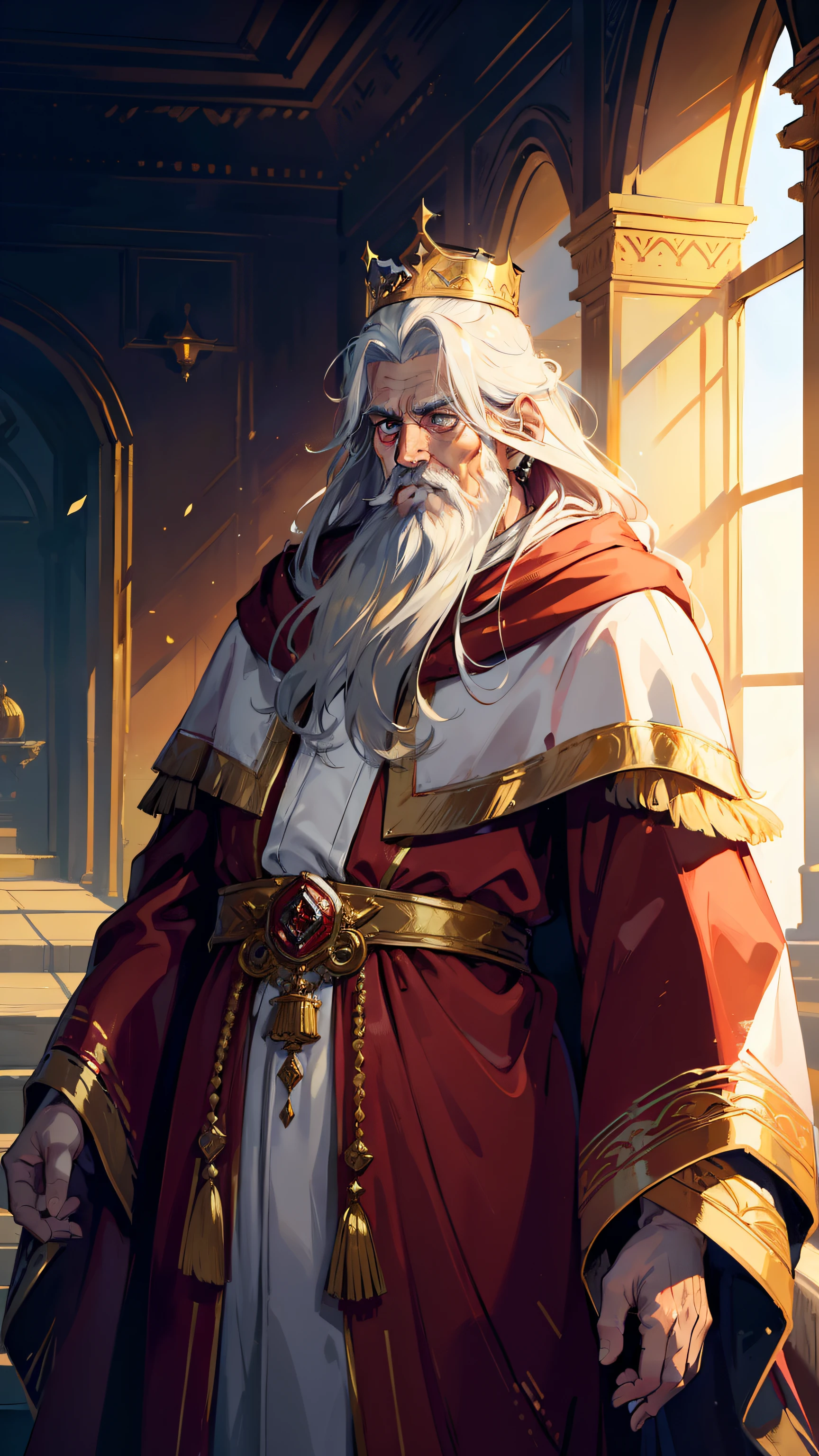 (((((male))))), masterpiece, ultra detailed, 8K Portrait, Raw photo, a portrait photo of, Highly detailed face, ((Fantasy)), (((old man))), (((king))), ((crown)), wears a lot of jewelry, white long wavy hair, strong beard, (((gold silk long cloak))) Fluttering in the wind, (((Crimson long robe))), by the throne, Midday Sun, Hyper realistic, Strong body, in a larger Audience room, Ambient lighting, Shadow details , Camera focus on face, strong breeze, Light fog