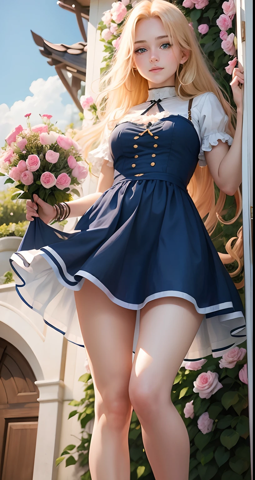Full portrait photo from below of a beautiful 18-year-old girl with golden hair, standing next to a trellis of French roses, "Blue eyes, radiant smile, slim waist, long white legs... "