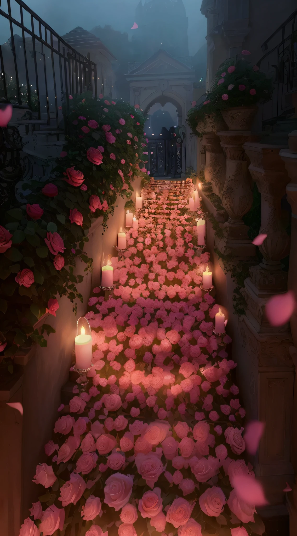 Many candles were lit on the steps, illusory engine ; romantic motifs, 🌺 CGSesociety, Romantic atmosphere, beautiful ambiance, rose pink lighting, roses in cinematic light, beautiful light up, beautiful ambiance, romantic lighting, portal made of roses, Glowing flowers, dreamy and romantic, romantic motifs, romantic setting, Global illumination. vfx, Luminous flowers