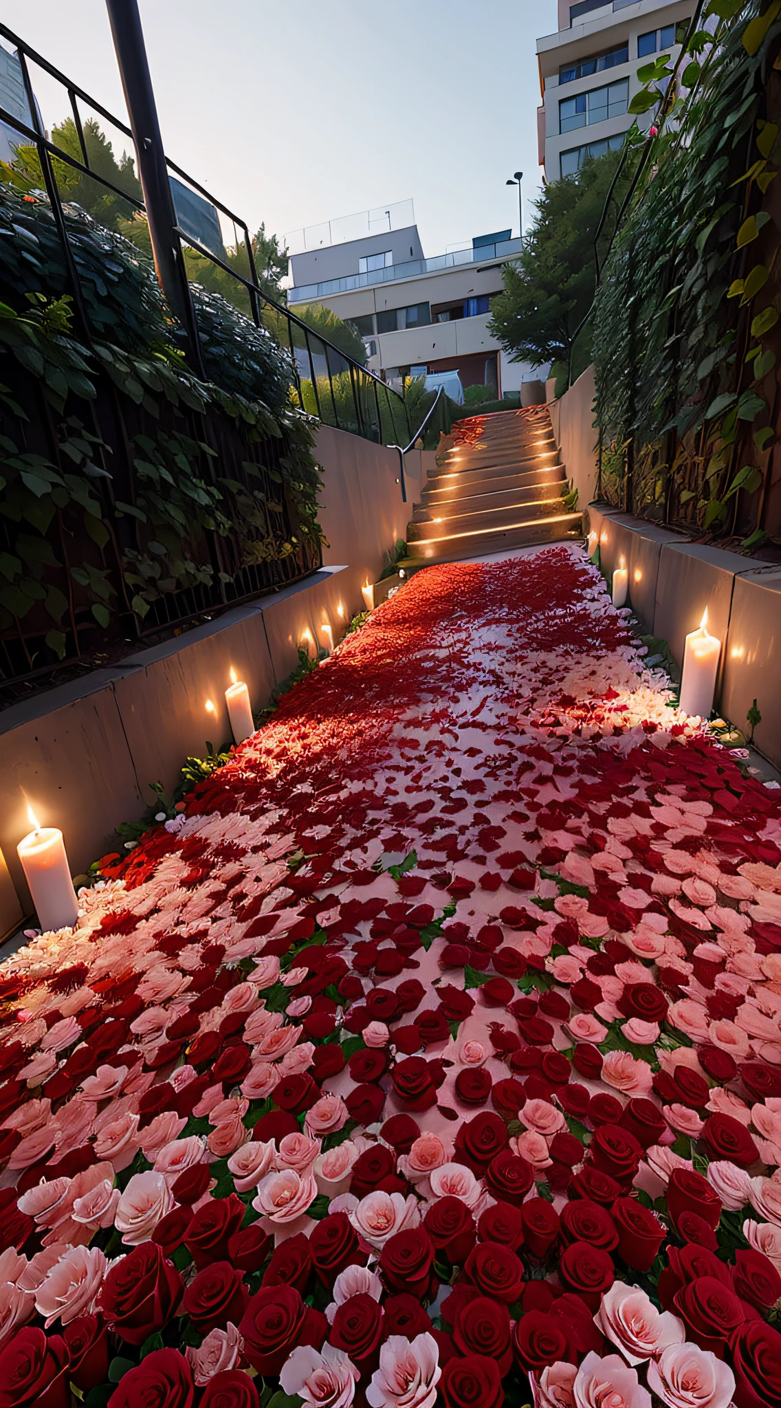 There are many red roses on the ground,There are candles on both sides, Masterpiece works of art, blossoming path to heaven, Flower beds on the floor, portal made of roses, In the evening, Flowers around, red roses at the top, rose pink lighting, Ultra photo realsisim, a masterpiece of art, hyper realisitc, art installation, award winning”, realistic masterpiece