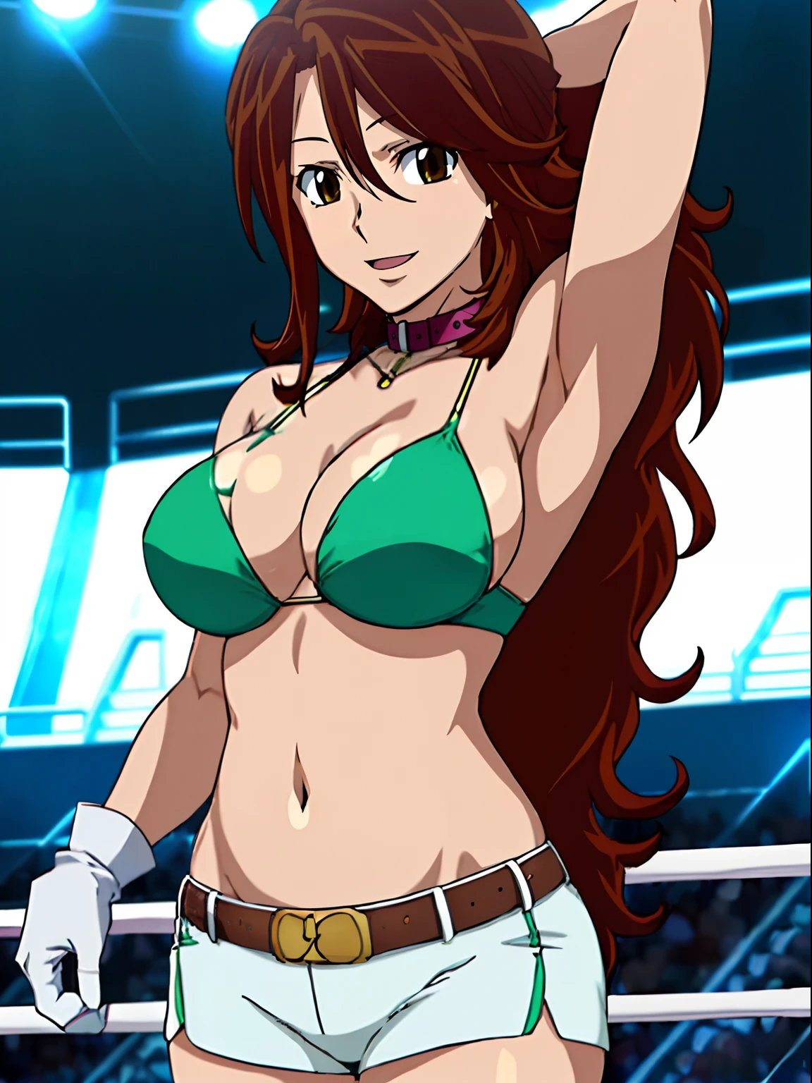 crossed arms, epic art, nice body, , anime style: 1.8, anime drawing, ultra detailed face, ultra detailed body, , 4k, Sumergai Lee Noriega, (standing), best quality, anime style, hires, highest definition, digital blending, bold drawing lines, ((slim waist, female wrestler), (location: wrestling arena, crowds watching), ( (fit girl), athletic, (thick neck), little biceps, thighs, off-shoulders, (curvy: 6.8), lighting, spot lights, very shiny skin), ((string bikini, shorts, groin, , white gloves, collar, belt)), victorious, winner, , (very big round breasts, smile, open mouth), (big eyes, brown eyes), (laughing), (brown hair, (long ponytail), dynamic hair, curly hair, smile, hair, missy hair), 27 years old, (titling head)