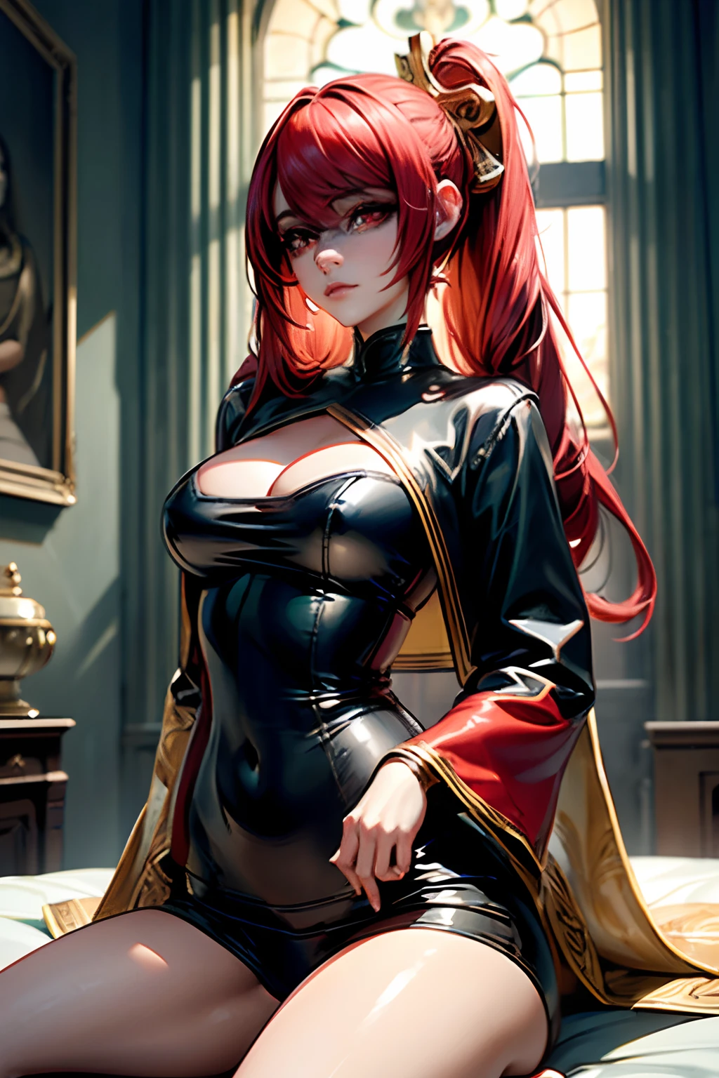 (Obra maestra:1.3), (La mejor calidad:1.3), 1sona , sona face, red hair, red eyes, ojos agudos, ojos rectos, hair ornament, Leather Clothes, lenceria, sexi body, big bobs, Retrato en primer plano, focus bobs, dormitorio, Luz de la tarde, add_detail:1