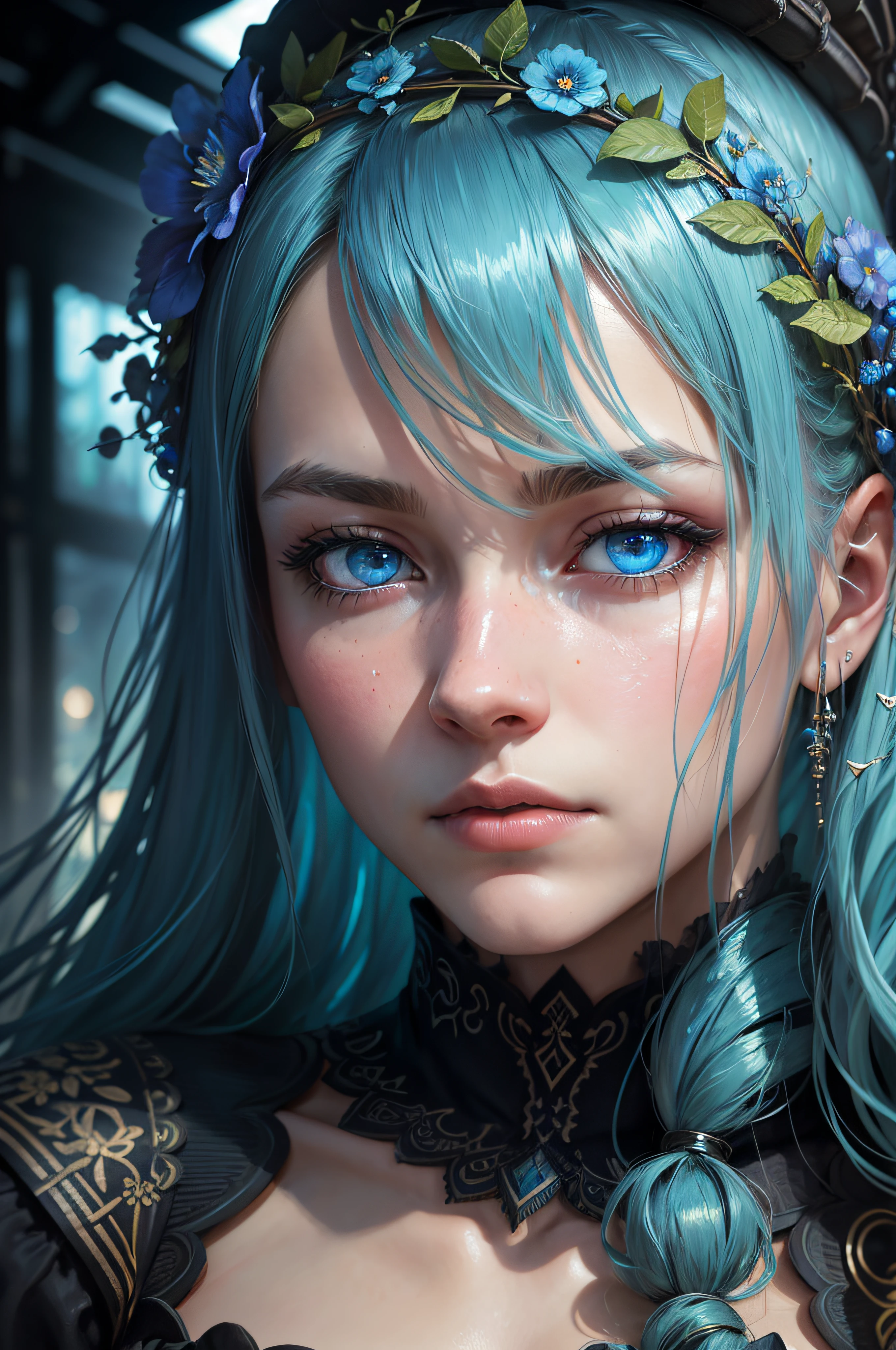 by Jeremy Mann, photorealistic, (male features), (colorful), Post-Production, Intricate, (radiosity), blue eyes, (highest quality), a colossal cyan raintree, gloomy, a closeup portrait of a [pensive|sorrowful] maid, a flowery wreath on her head, fireflies--DPM++ SDE Karras--ElegantEntropy_v1_3