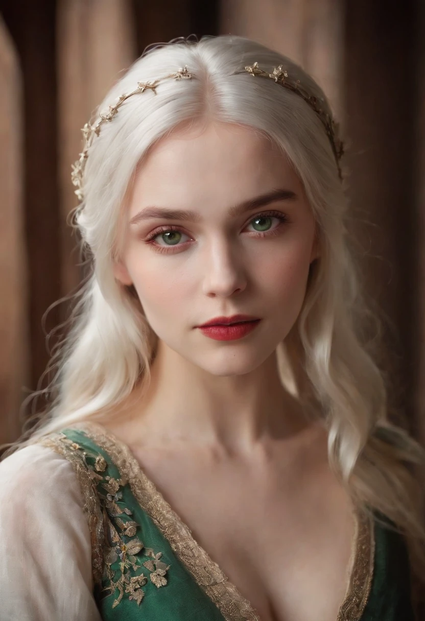 (((a deep reddish wound crosses her left cheek))) fair complexion, woman around 19 years old, natural white hair, distinctive green eyes, wearing kohl, slender and graceful, beautiful, candlelight in a medieval setting, ultra sharp focus, realistic shot, medieval female clothes, tetradic colors (scar:1.4)