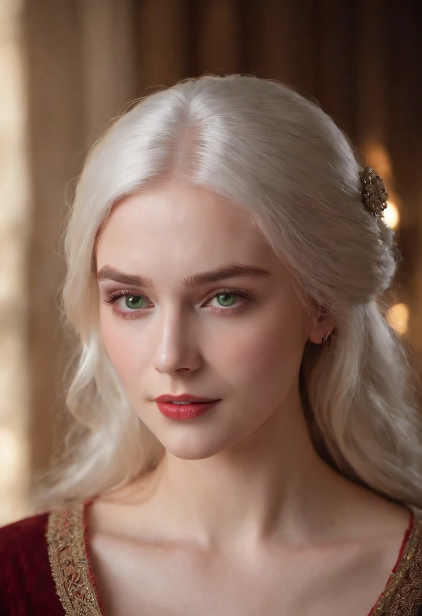 (((a deep reddish wound crosses her left cheek))) fair complexion, woman around 19 years old, natural white hair, distinctive green eyes, wearing kohl, slender and graceful, beautiful, candlelight in a medieval setting, ultra sharp focus, realistic shot, medieval female clothes, tetradic colors (scar:1.4)