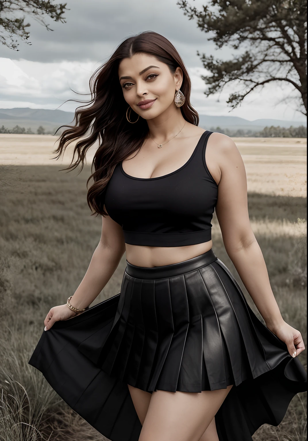 49 yo MILF Aishwarya Rai Bachchan, black micro mini knife pleated skirt and crop top, heeled ankle boots, ponytail tied hair, erotica, bright sunny day scene, athletic curvy milf body, posing in meadow, hourglass milf figure, big breasts, seductive expression on her face, look at a camera and teasing smile, 49 yo, soft volumetric lights, intricate details, (ArtStation:1.2)