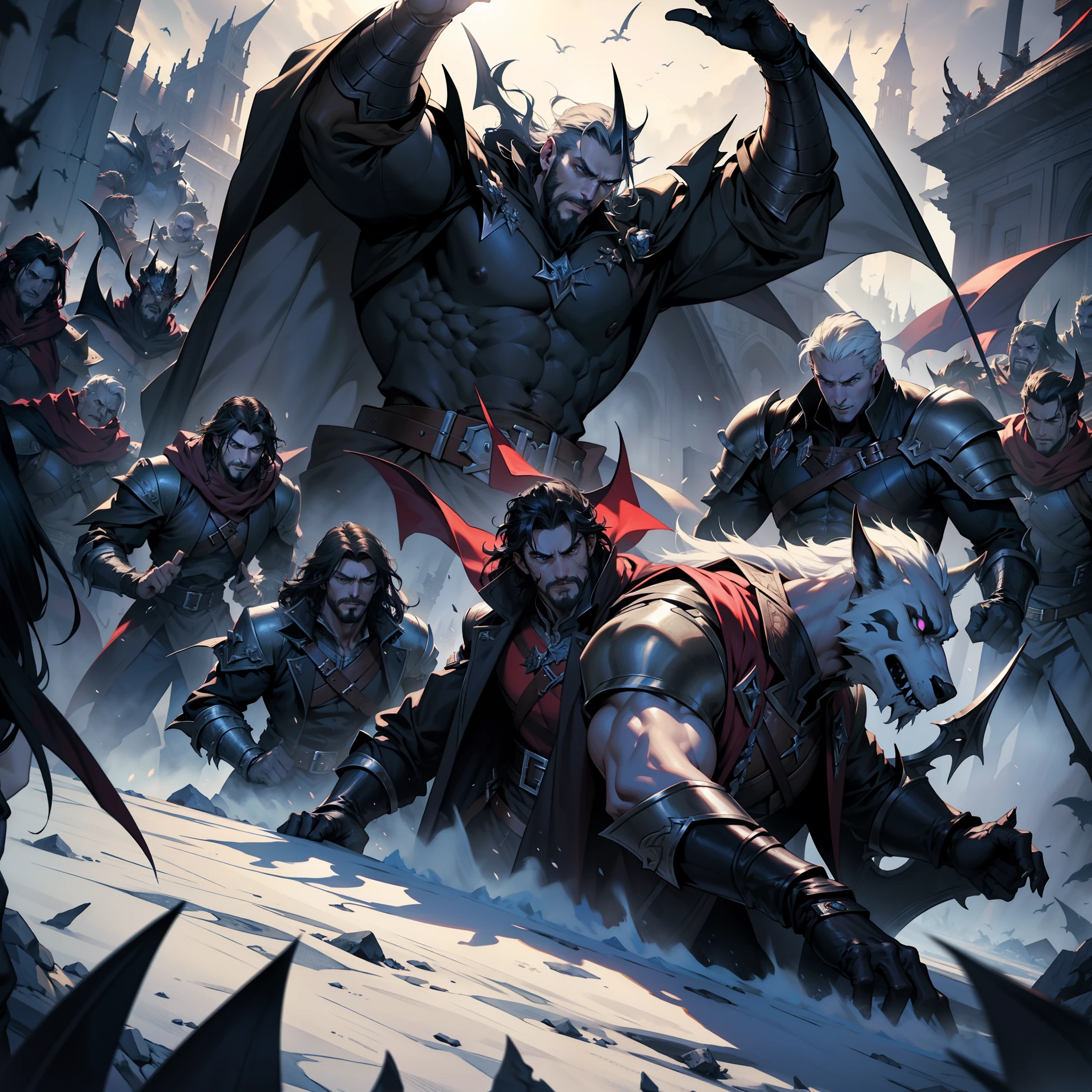 Castlevania Battle Scenes Shadow Lord Hyper Realistic Super Detailed Legendary Lord Dracula leading troops army of demons to battle sharp details cinematic scenes Epic Legendary Hyper Realistic Super Detailed Faces Hyper Realistic Super Detailed Poses Muscular Men Centerpiece Scene