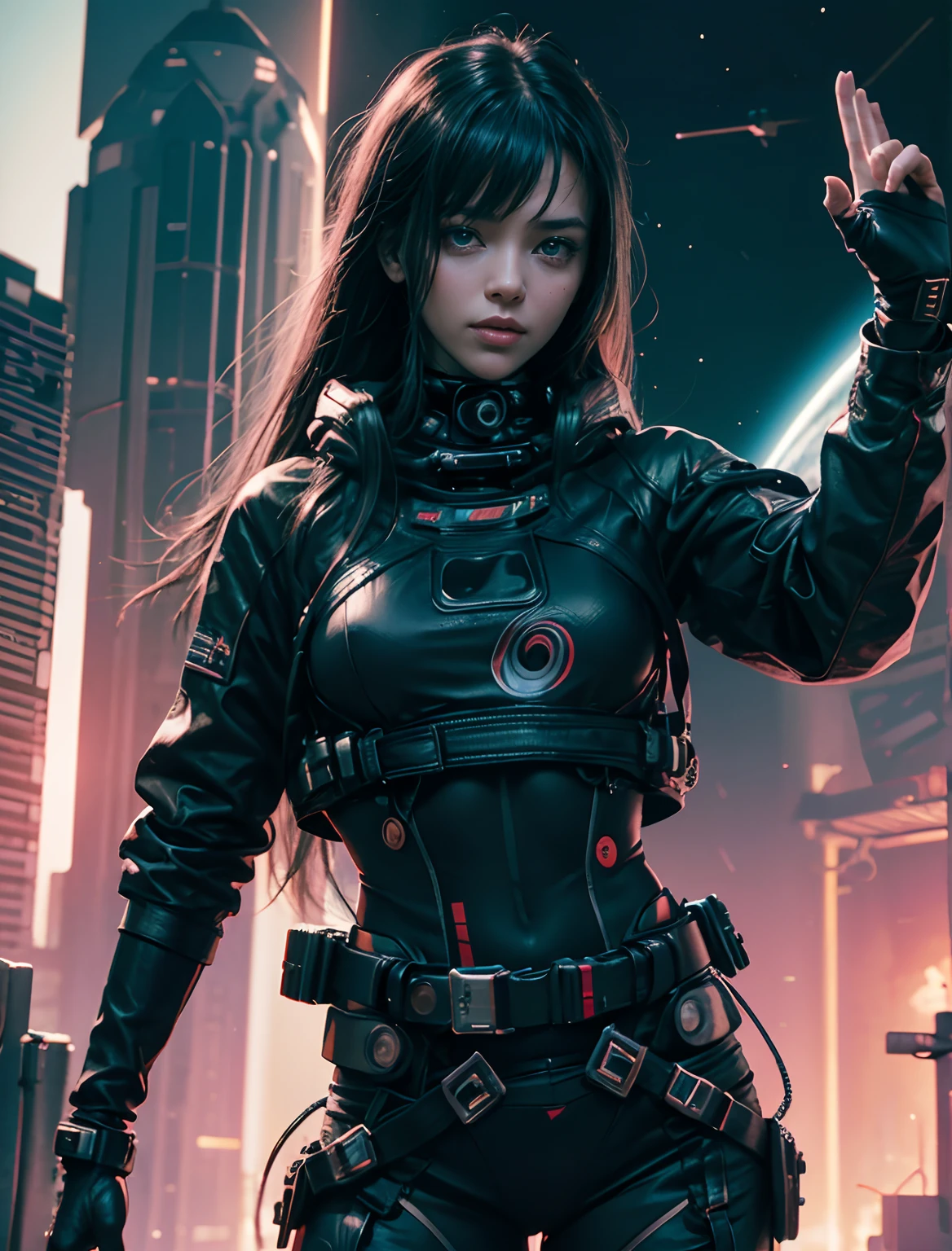A picture of a woman captured from the front with a camera.A woman stands facing forward with her palms outstretched. Outer space is about to be born from that woman's palm. 8K image quality. Cyberpunk style.