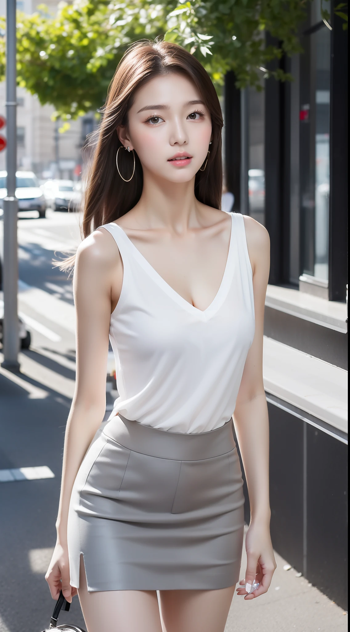 Ultra-clear resolution，top Quority，Wonderful young girl，ear studs，Clear  eyes，plain face，Gloss on lips，s the perfect face，White skin，Perfect chest，Large breasts，Slender legs，Gray office miniskirt，high-heels，street