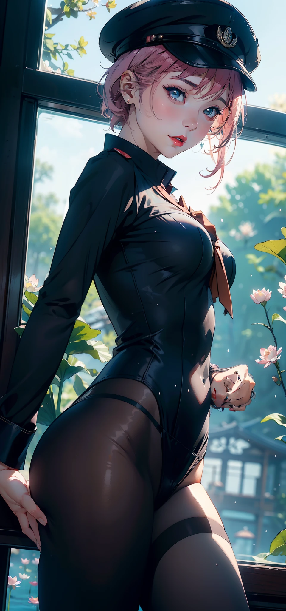 1female,45 yers old,Married Woman,熟妇,plumw,extremely large bosom, 独奏,(Background with:ponds,Cherry blossom forest,lotus flower)Lie underwater, She has short pink hair,seen from the front,, mostly cloudy sky,(((tmasterpiece),(Very detailed CG unity 8K wallpaper),best qualtiy,cinmatic lighting,detailed back ground,beatiful detailed eyes,Bright pupils,Black eyes,Snow-whiteskin,Redlip(Very fine and beautiful),(Beautiful and detailed eye description),ultra - detailed,tmasterpiece,))facing at camera,A high resolution,ultra - detailed),revealing breasts,Bare genitalia, Bulge,legs are open,Raised sexy,Camel toes,Desire for dissatisfaction,frontage,stewardess,military hat(Wearing:Transparent black tights,Black tights,Sailor uniform)