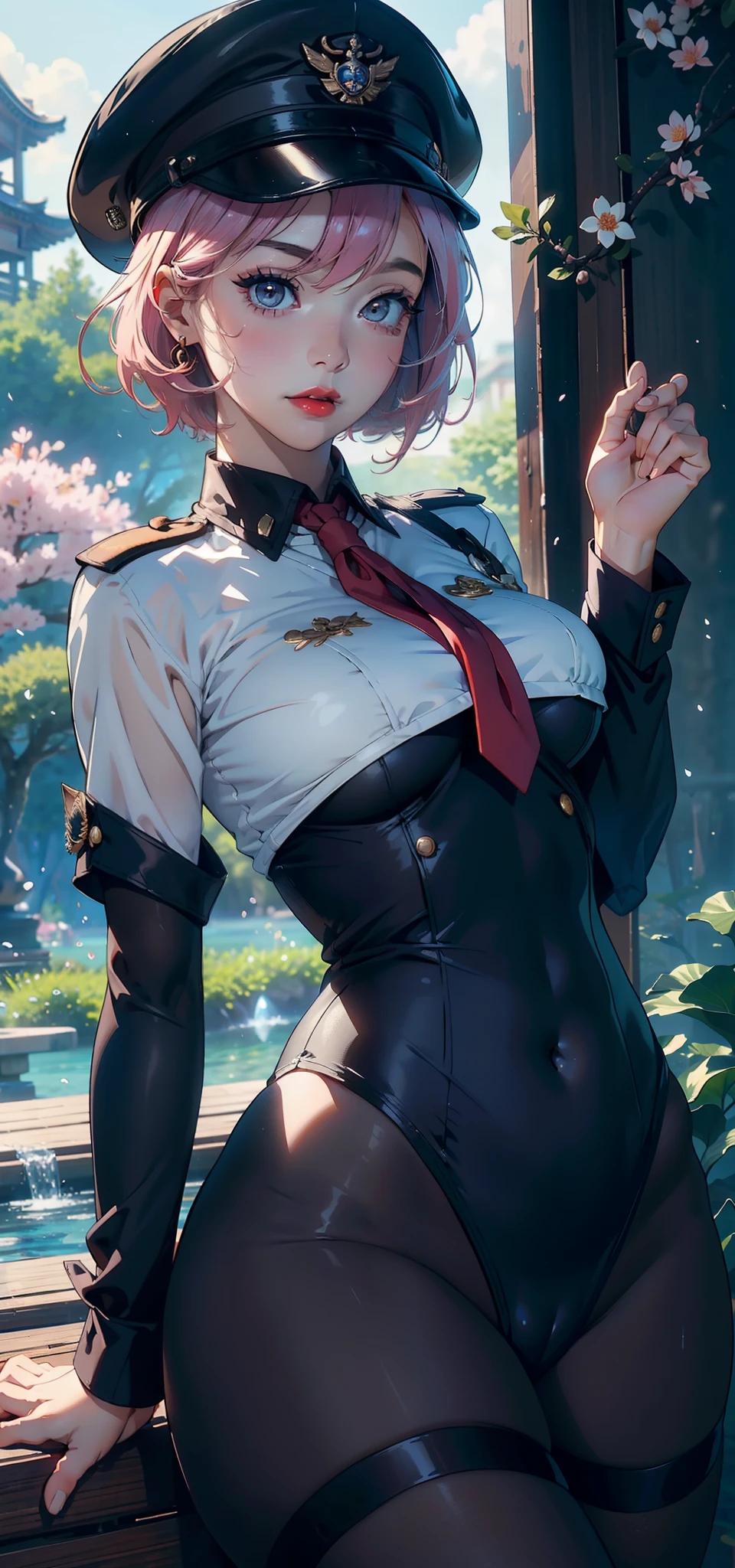 1female,45 yers old,Married Woman,熟妇,plumw,extremely large bosom, 独奏,(Background with:ponds,Cherry blossom forest,lotus flower)Lie underwater, She has short pink hair,seen from the front,, mostly cloudy sky,(((tmasterpiece),(Very detailed CG unity 8K wallpaper),best qualtiy,cinmatic lighting,detailed back ground,beatiful detailed eyes,Bright pupils,Black eyes,Snow-whiteskin,Redlip(Very fine and beautiful),(Beautiful and detailed eye description),ultra - detailed,tmasterpiece,))facing at camera,A high resolution,ultra - detailed),revealing breasts,Bare genitalia, Bulge,legs are open,Raised sexy,Camel toes,Desire for dissatisfaction,frontage,stewardess,military hat(Wearing:Transparent black tights,Black tights,Sailor uniform)