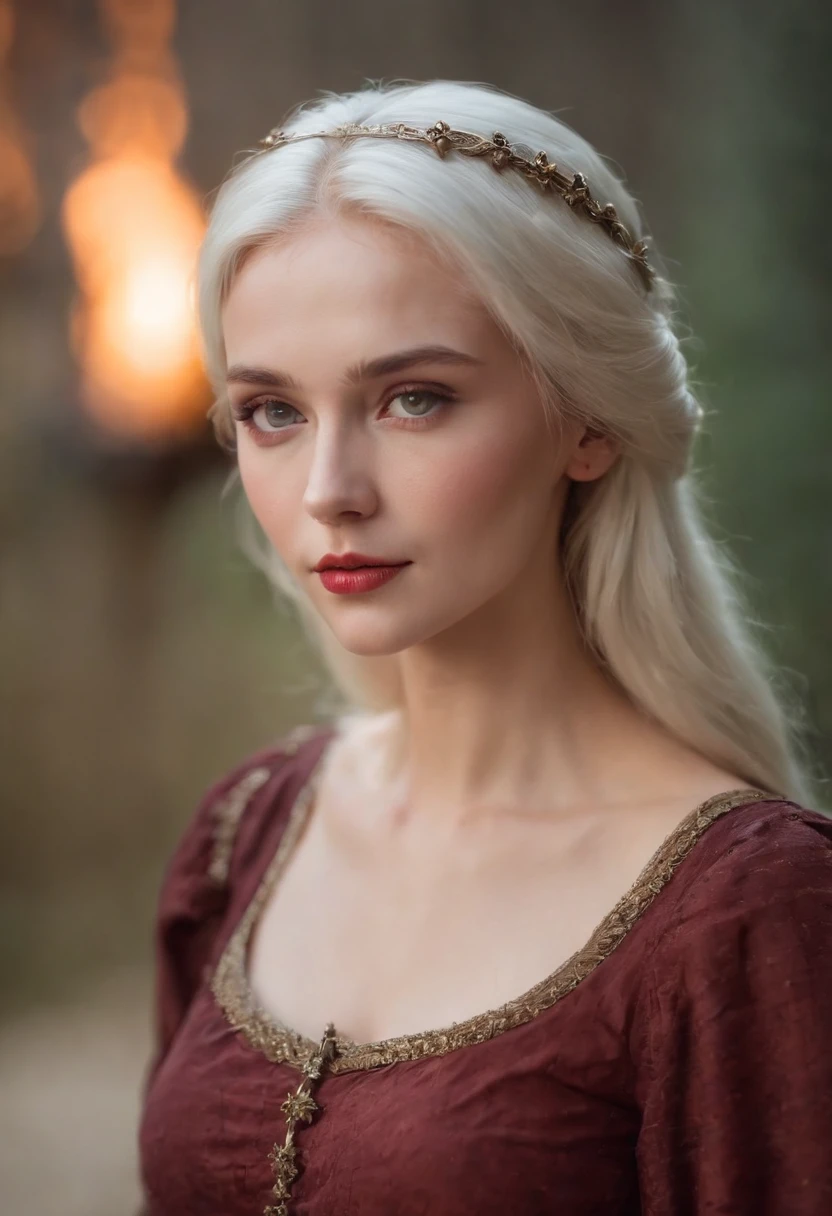 (((a deep reddish wound crosses her left cheek))) fair complexion, woman around 19 years old, natural white hair, distinctive green eyes, wearing kohl, slender and graceful, beautiful, candlelight in a medieval setting, ultra sharp focus, realistic shot, medieval female clothes, tetradic colors (scar:1.4)