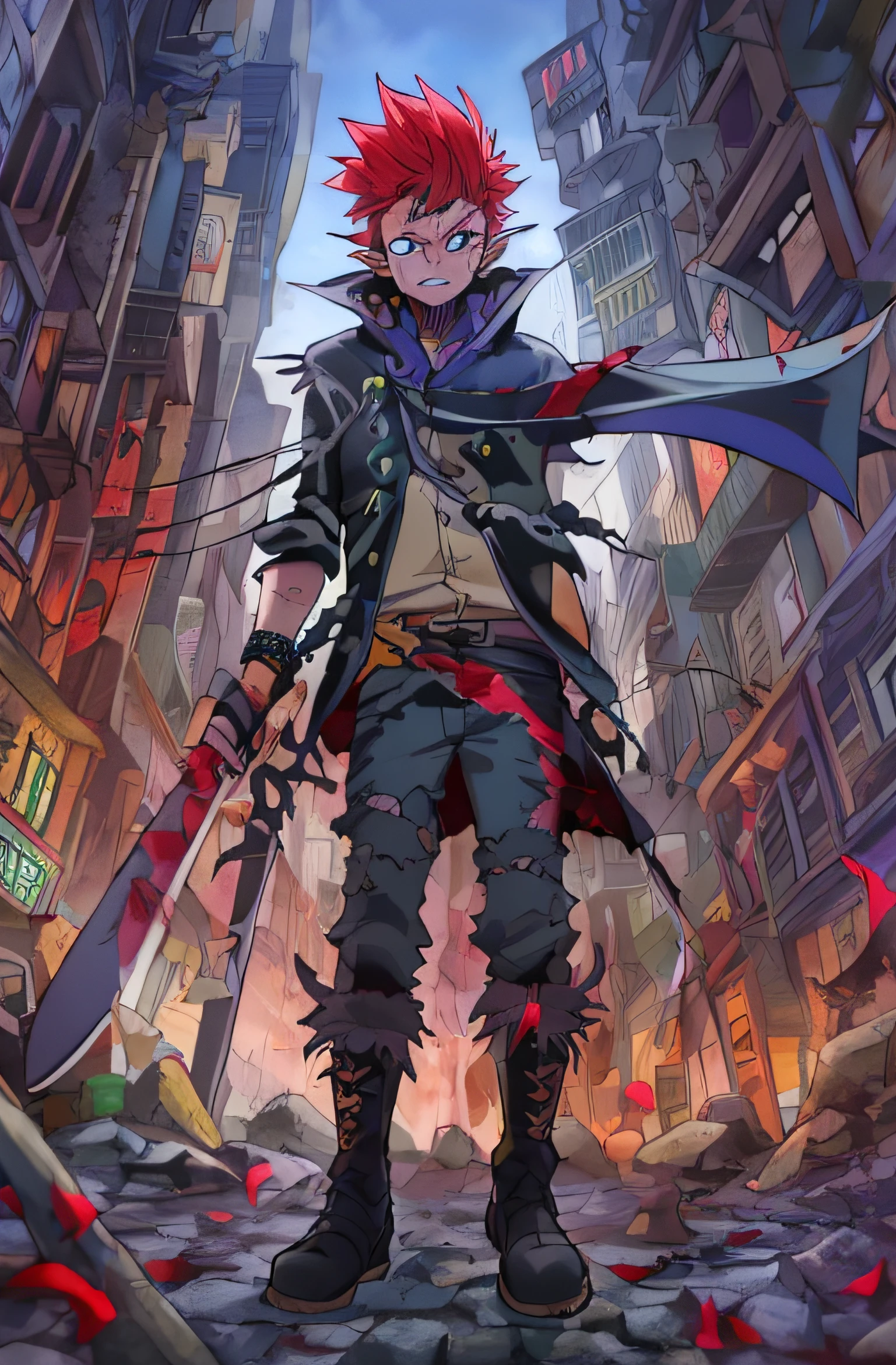 1 boy, red spiked hair, green skin, bright blue eyes, goblin race, pointy ears, looking forwards, ((dark purple tendrils of energy all around)), sword in hand pointed at camera, destroyed city in background, rough, gritty, bloody, beat up, dirty, manga illustration, artsy, colorful