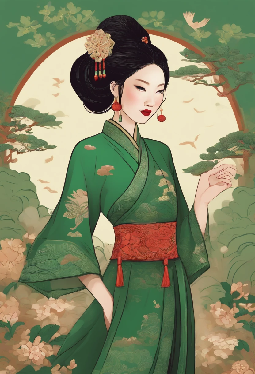 A cartoon illustration of a girl in a Green Chinese style Hu clothing over art by mrs becca doodlefly, in the style of grunge beauty, sandara tang, mixed patterns, text and emoji installations, close up, charming character illustrations, folkloric --s 400