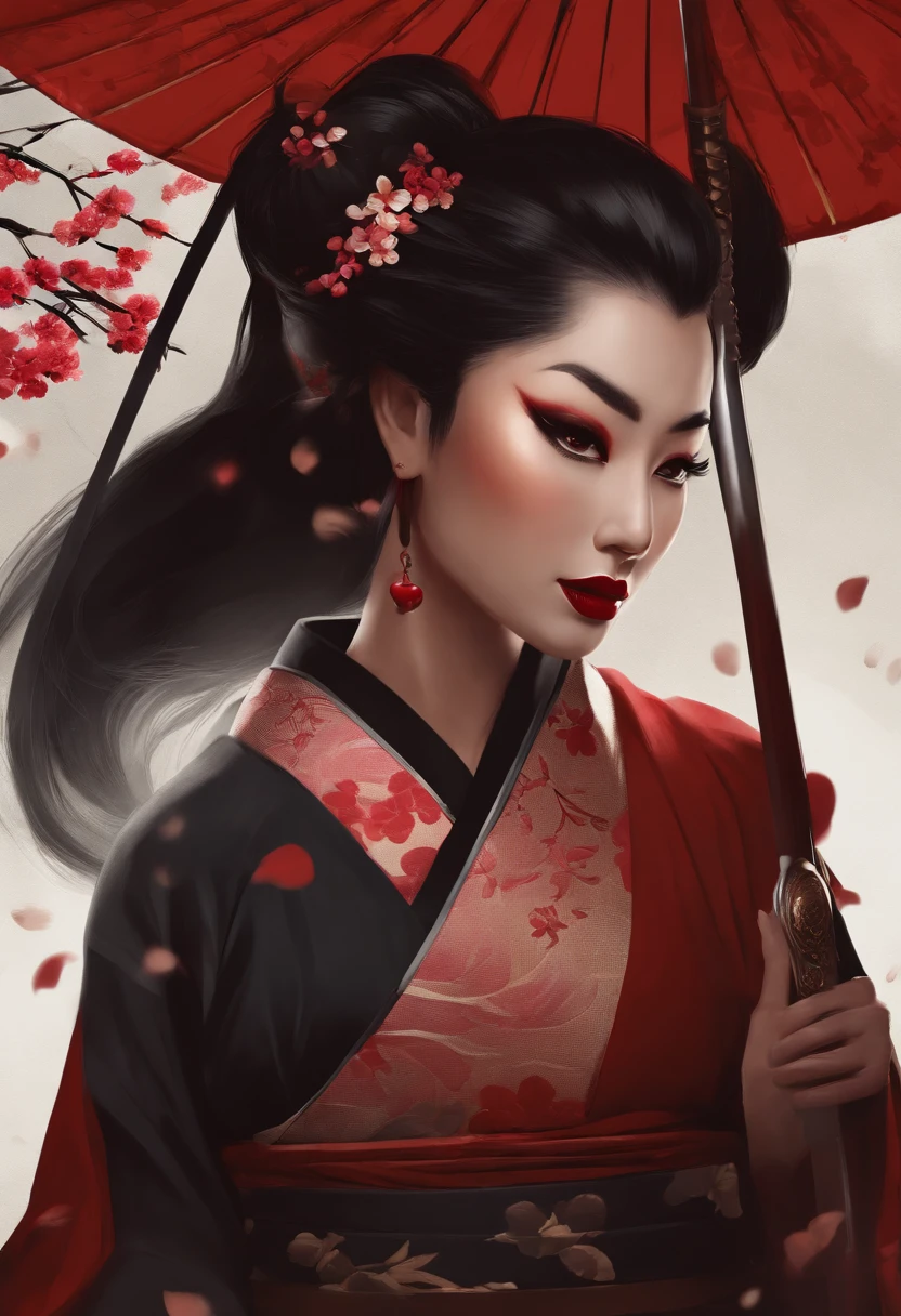 geisha, wear black kimono, black hair, red moon, dark skin complexion, cherry blossom on hair, 4k, almond eyes, big lip, logo, heart shape face, face fuller, sexy hair tied up, black eyes, dark red lipstick, female samurai warrior, swords, face shots, head shots, freckles on the face, up close head face shots, full hair, brown skin tanned