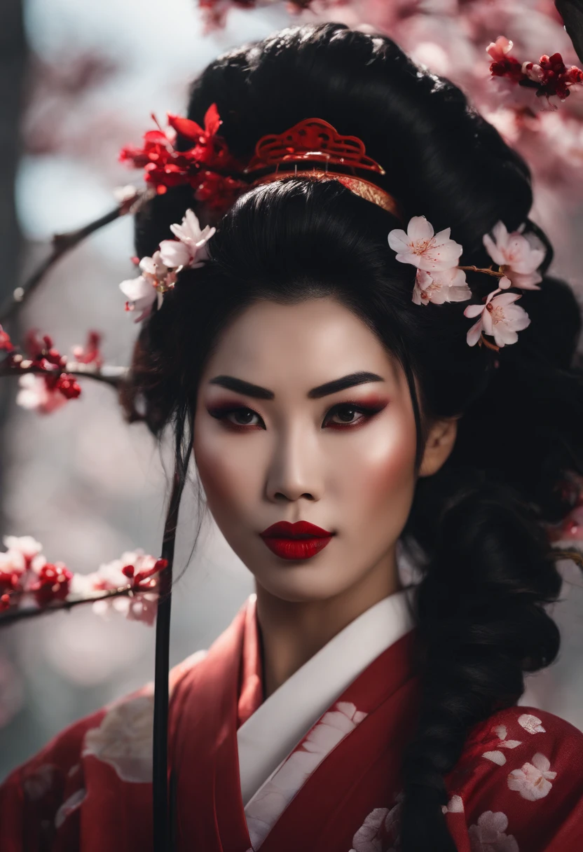 geisha, wear black kimono, black hair, red moon, dark skin complexion, cherry blossom on hair, 4k, almond eyes, big lip, logo, heart shape face, face fuller, sexy hair tied up, black eyes, dark red lipstick, female samurai warrior, swords, face shots, head shots, freckles on the face, up close head face shots, full hair, brown skin tanned