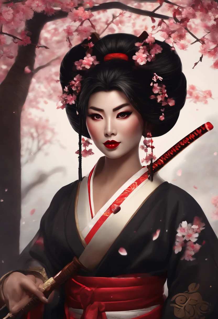 geisha, wear black kimono, black hair, red moon, dark skin complexion, cherry blossom on hair, 4k, almond eyes, big lip, logo, heart shape face, face fuller, sexy hair tied up, black eyes, dark red lipstick, female samurai warrior, swords, face shots, head shots, freckles on the face, up close head face shots, full hair, brown skin tanned