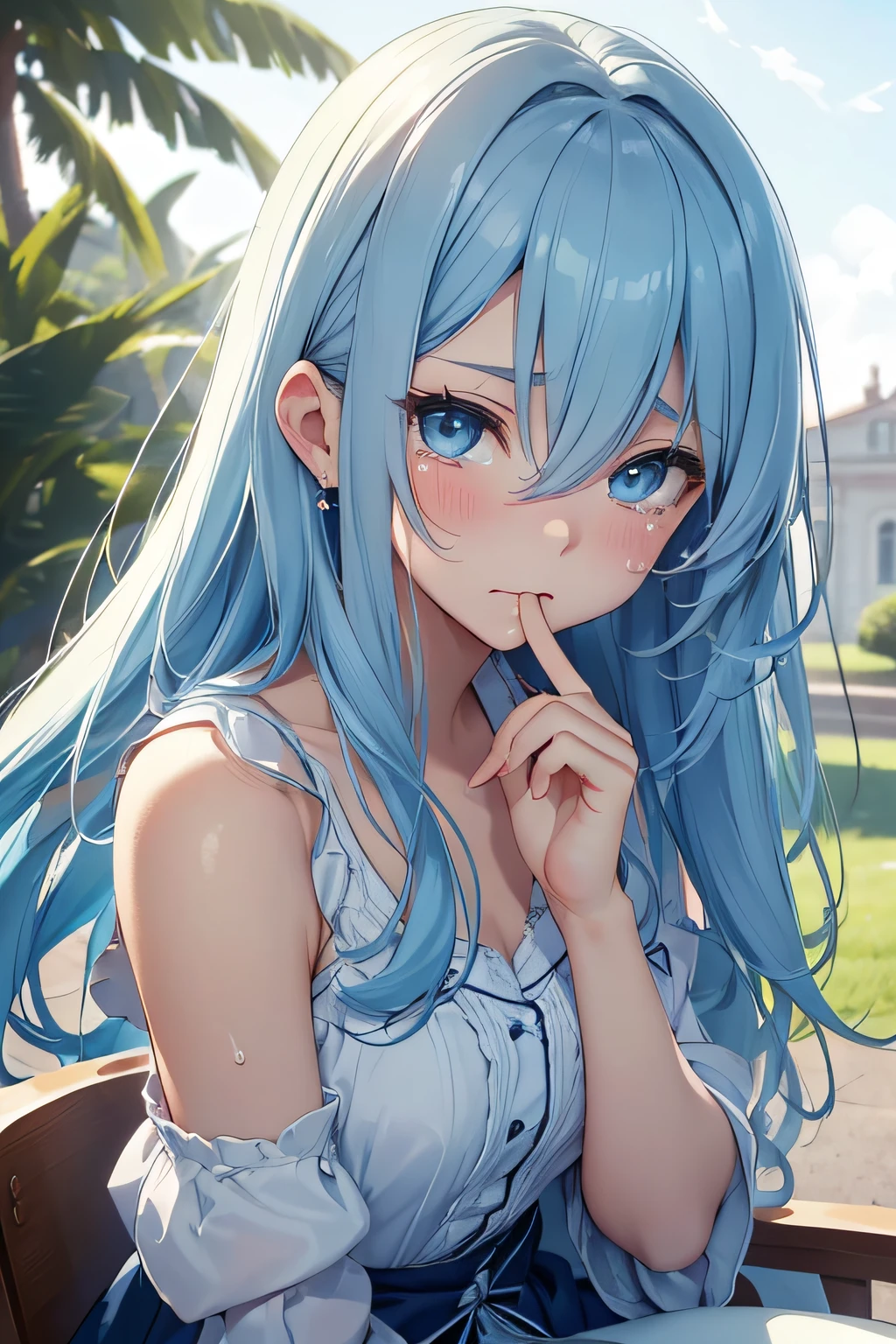 Beautiful fece, ​masterpiece, top-quality, hiqcgbody, animesque, 1girl in, Medium chest, portrait shot, Look at viewers, intricate detailes,>,((coverd)a closeup, straight-on, High school students,Very long hair swaying in the wind、The background is fixed to the Western-style room.、sitting in the chair、[[Delicate fingers and hands:0.55]::0.85]、(detail finger)、Light blue eyes、lightblue hair、Idol、Sad crying face、Daytime on a hot summer day、Sweaty skin、Tears are spilling out、Open your mouth slightly、