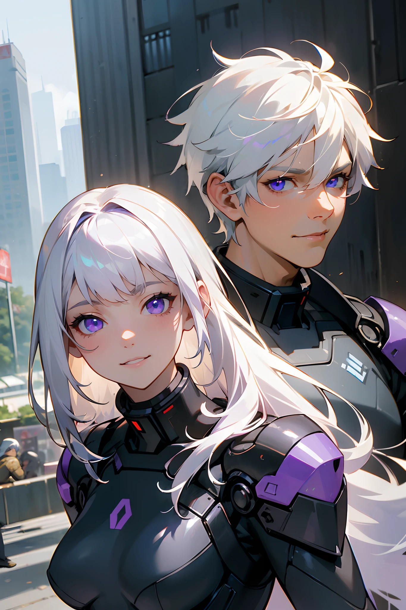 Masterpiece, best quality, realistic, super detailed, portrait of a bustling day scenery in a fallen city background, one white hair man with purple eyes and one white hair woman with blue eyes back to back, black future combat suit with a tint of purple, a match made in heaven, ready for battle, smile, looking at the viewer, visible faces