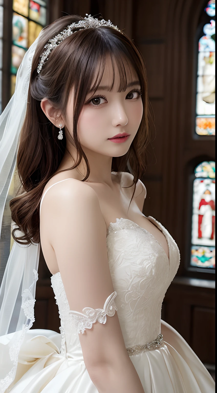 (Best Quality, 8k, 32k, Masterpiece, UHD: 1.2), Dainty Japan Woman Pictures, ung Girl, (Medium-Short Dark Brown Hair), Double Eyelids, (Big: 1.2), Sexy, (Wedding Dress, Wedding Veil)), (Deep Slit: 1.2), (Smile: 1.1), (Overhead Shot), Off-Shoulder, (( In the church)), showing cleavage, face focus, cleavage cutout